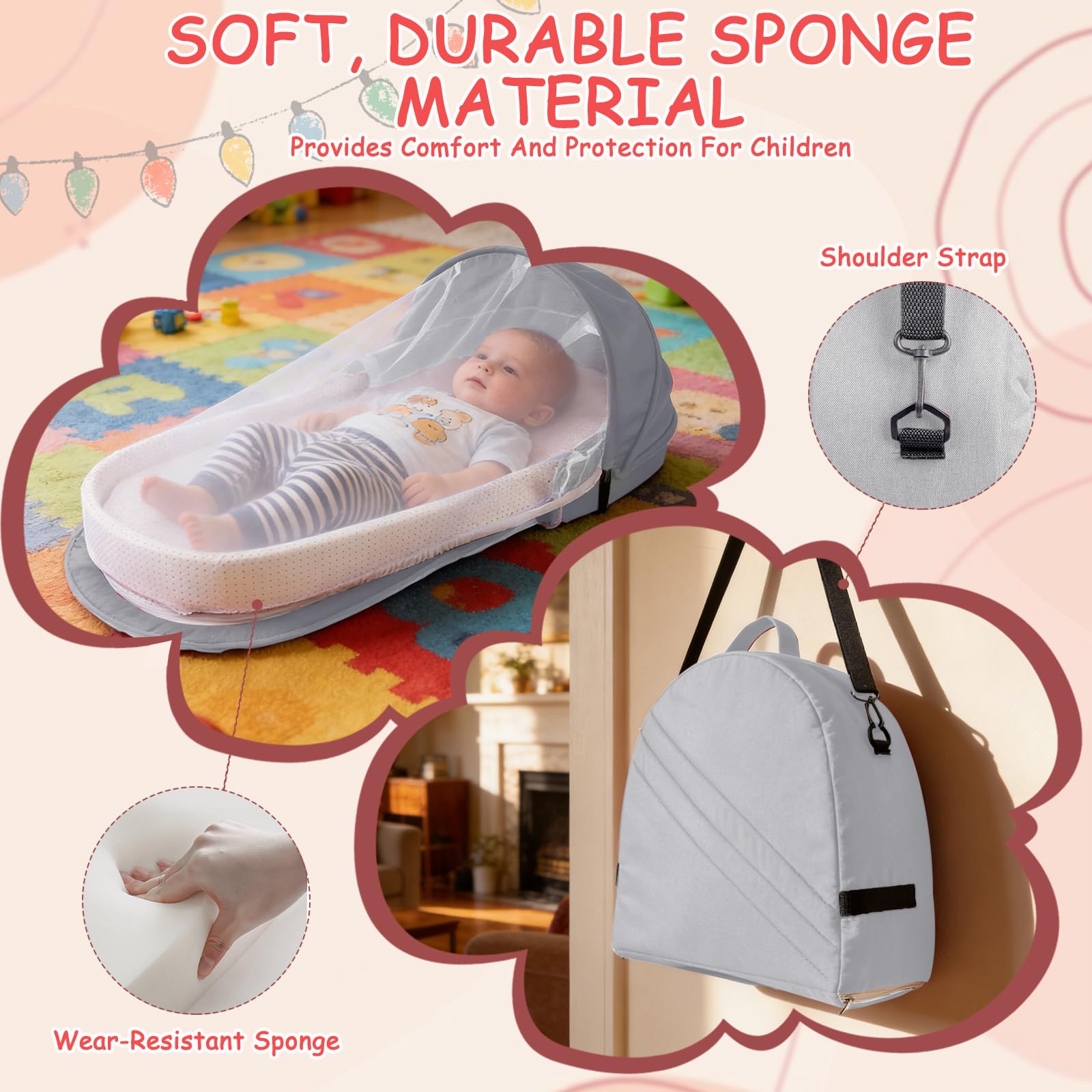 Huracan Nid de bébé pliable avec moustiquaire et couverture, nid de bébé, lit de voyage portable pour bébé en coton respirant, matelas en mousse douce, espace de couchage sûr pour nouveau-nés de 0 à