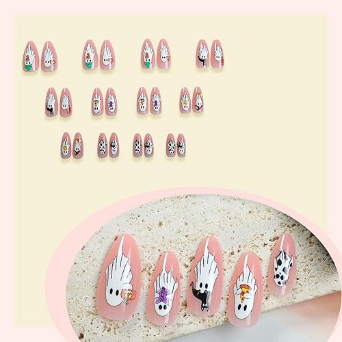 Miniatura 128 de Uñas postizas a presión de Halloween, cuadradas, medianas, con diseños de telaraña, parches coloridos, punta francesa, uñas acrílicas, uñas