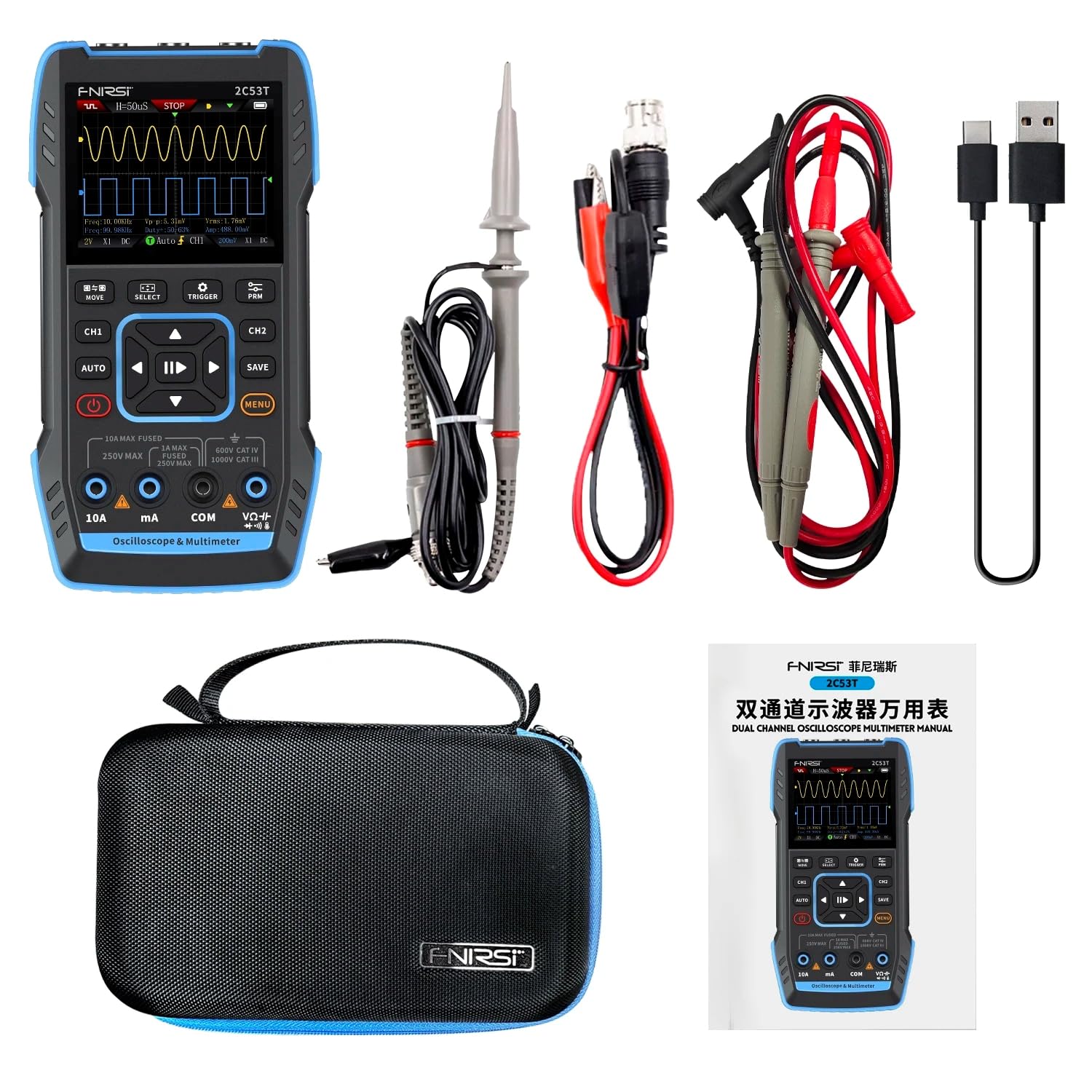 2C53T Oscilloscope numérique handheld 50MHz 250MS/s, multimètre, générateur de signaux 3 en 1, canal double, outils automobiles (2C53T (Standard))