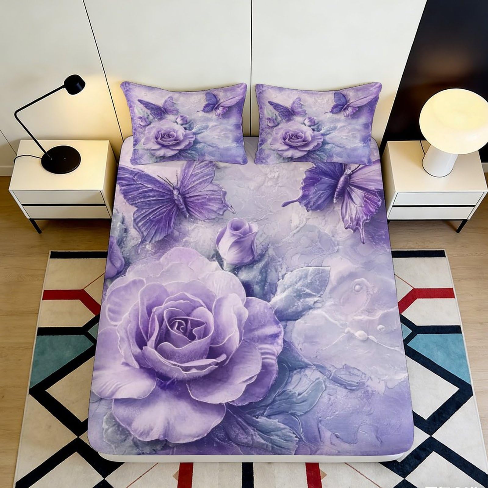 3D Printed Purple Rose Fitted Sheet Microfiber Soft Floral Butterfly Mattress Cover Bedroom Decor Dustproof Washable 90x200x25cm