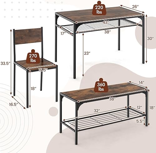 Miniatura 7 de COSTWAY Juego de mesa de comedor de 4 piezas, mesa de cocina y 2 sillas para 4 con banco, estantes de almacenamiento, marco de metal y diseño que