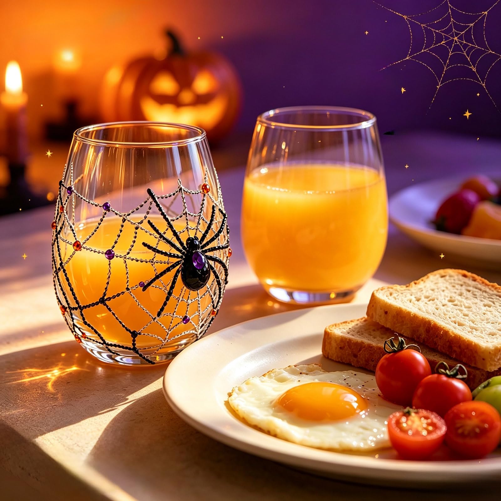 Halloween-2D-Glaswaren-Kollektion, Stiellose Trinkgläser mit erhöhtem Kürbis-Geist, schwarzes Katzennetz-Design, gruselige, transparente Becher für Cocktails, Saft, Eiskaffee, Party-Geschenk