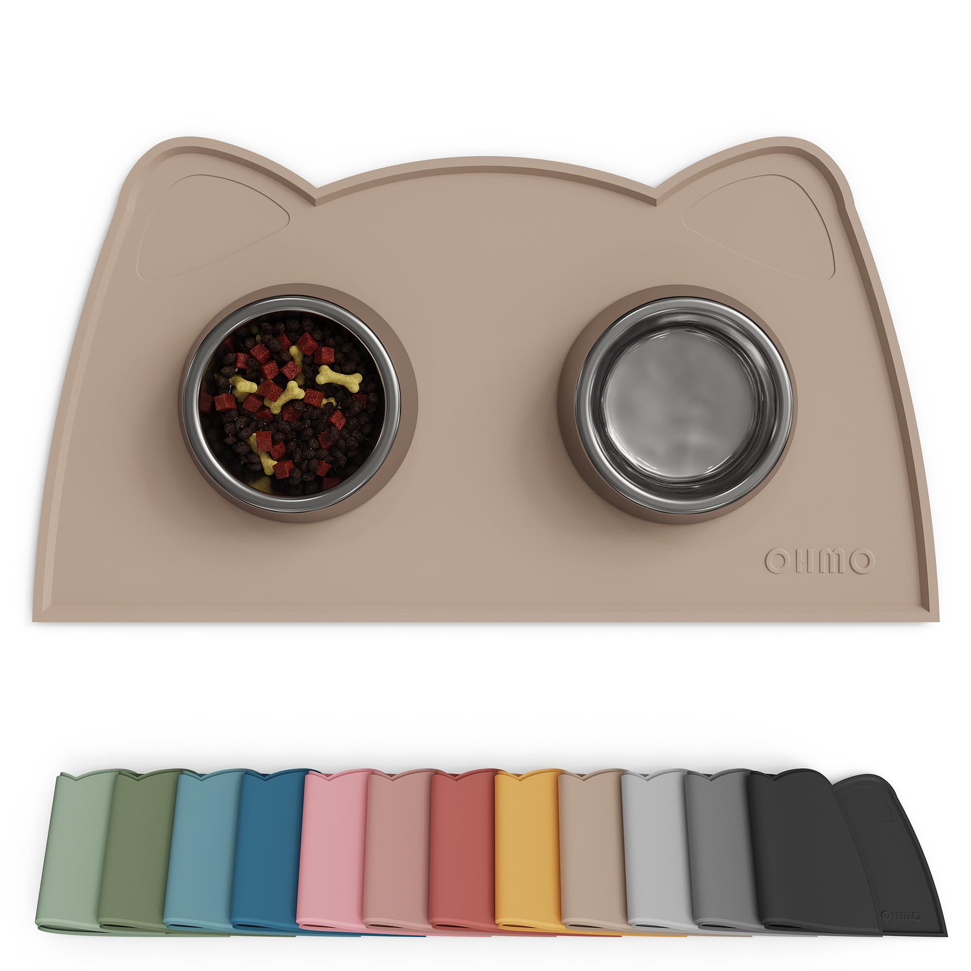 OHMO Cat Food Mat, Silicone Waterproof Dog Food Mat, Non-Skid Spill Proof Pet Feeding Mat for Food and Water, Easy to Clean Dog Placemat(Beige, 46 * 25cm)