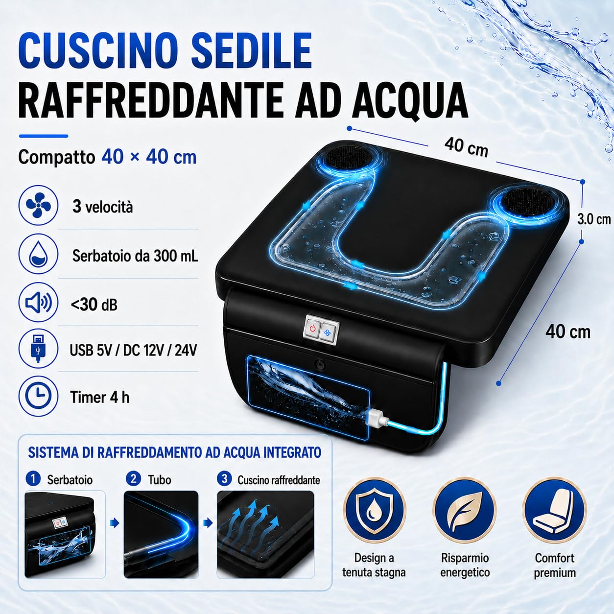 Cuscino raffreddato ad acqua con ventola | 3 livelli di velocità, raffreddamento fino a 27 °C, USB/12 V/24 V, per auto e ufficio