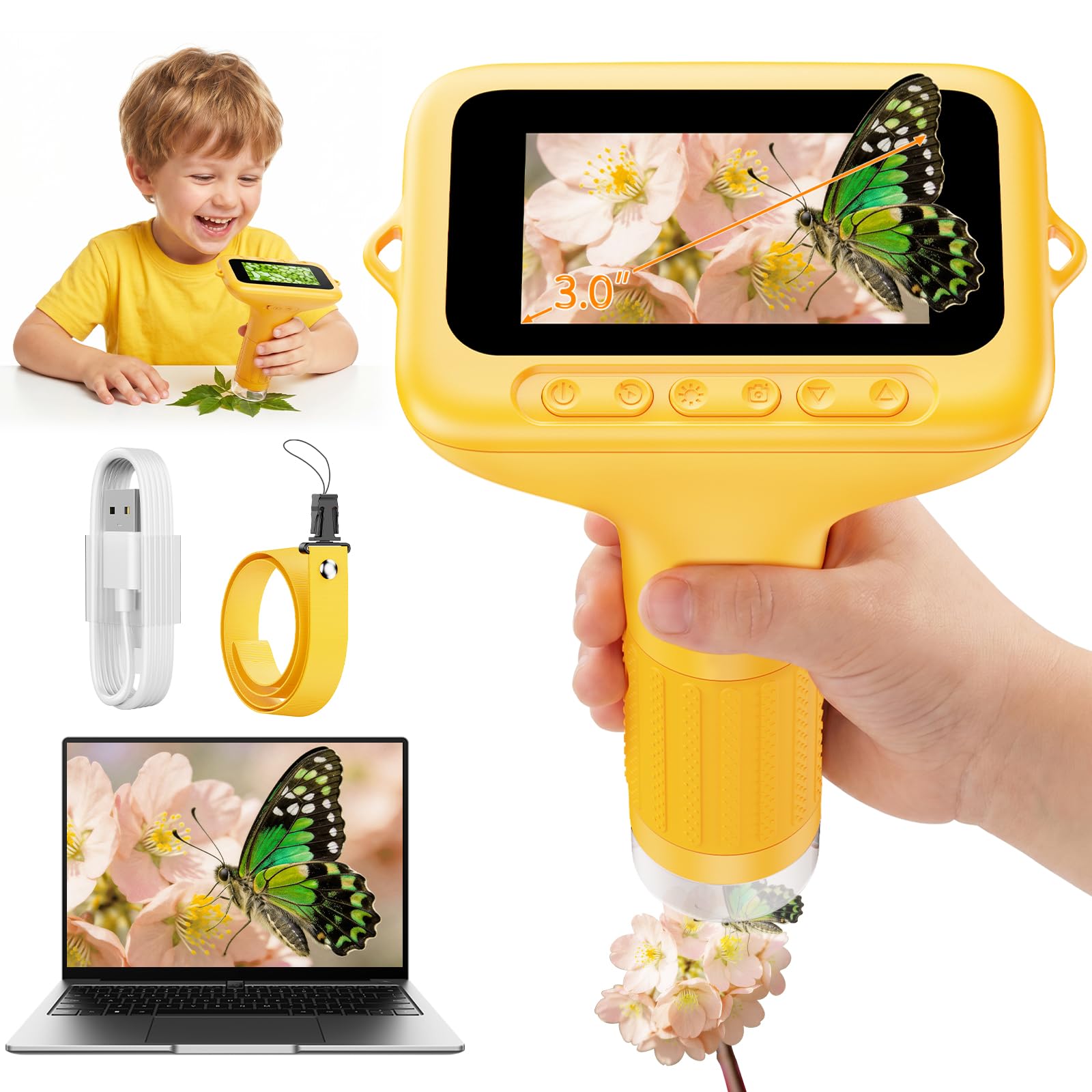 ASPOVEN Digital Microscope for Kids, 1000x Portable Microscope Kids with 3.0-inch HD Screen, Photo Function and PC Compatibility, Children’s Microscopes for the Garden, Forest and Outdoors (Yellow)