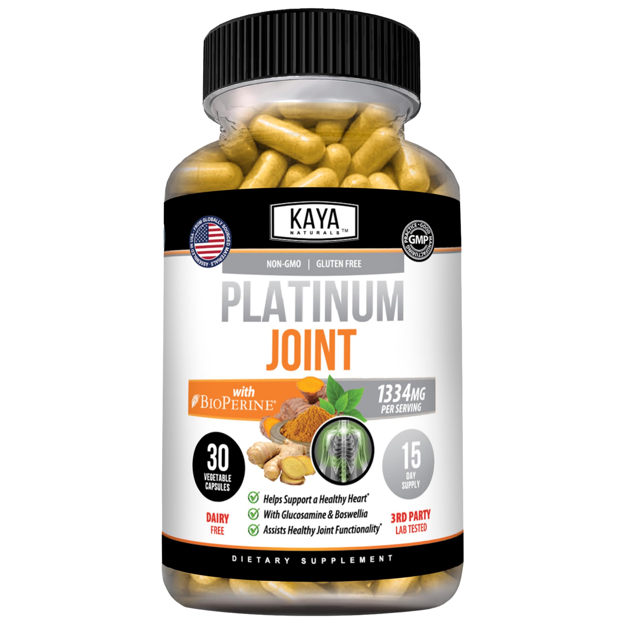 Kaya Naturals Platinum Mobility Support, Glucosamine, Turmeric, 30 Capsules 30 Count (Pack of 1)
