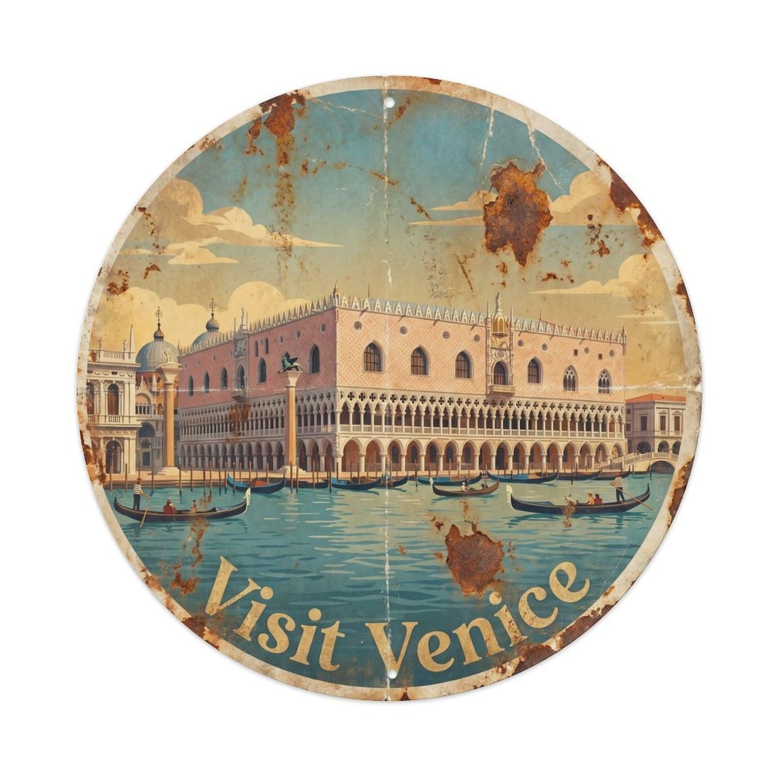Venice Palace Historic Tourism Classic Destination Heritage Metal Tin Sign Plaque Wall Decor for Cafe, Man Cave, Club Bar, Office, Home Garden Round Metal Poster 8x8Inch
