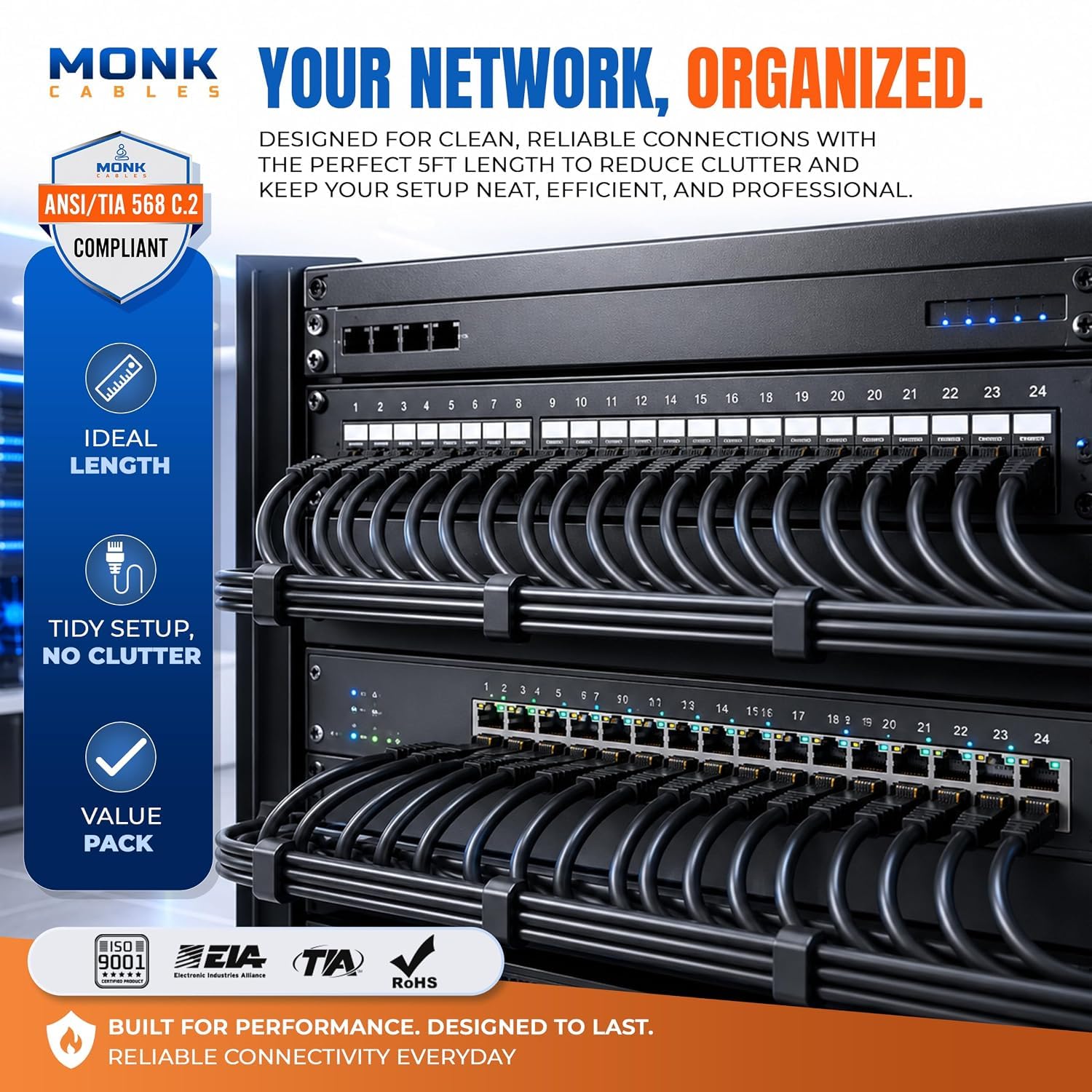MONK CABLES | Câble Ethernet LAN CAT 6 de 30,5 m | Câble de raccordement CAT6 RJ45 | Noir