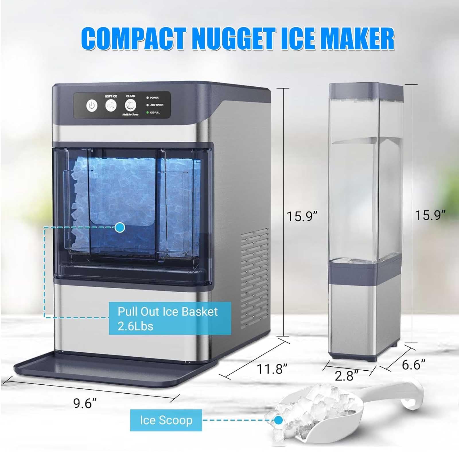 Nugget Ice Maker - Piano di lavoro autopulente portatile, produzione di 20 kg/giorno, serbatoio di ghiaccio da 0,8 galloni, cubetti di ghiaccio morbidi da masticare pronti in 6 minuti per casa