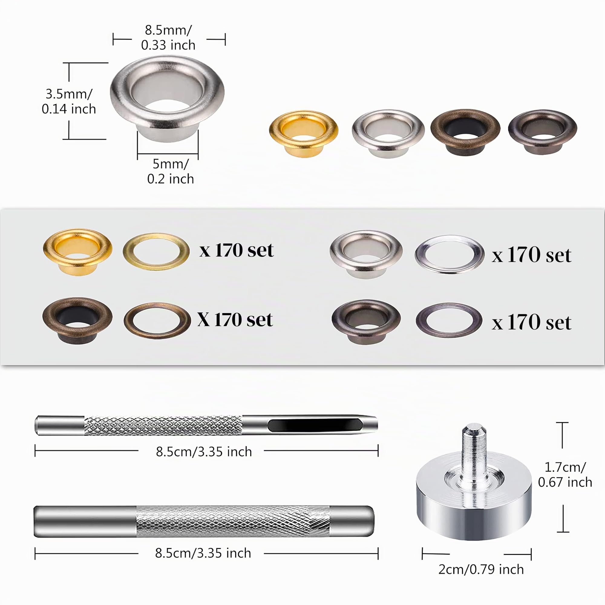 Occhielli Metallici 5mm 4 Colori 680 Set con Strumenti per Tela Borse Teloni
