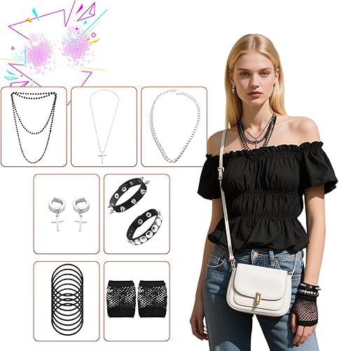 Miniatura 3 de Accesorios de disfraz de los años 80 para mujer, kit de fiesta de disfraces punk con diadema de encaje, aretes, guantes de red, collar, pulsera para