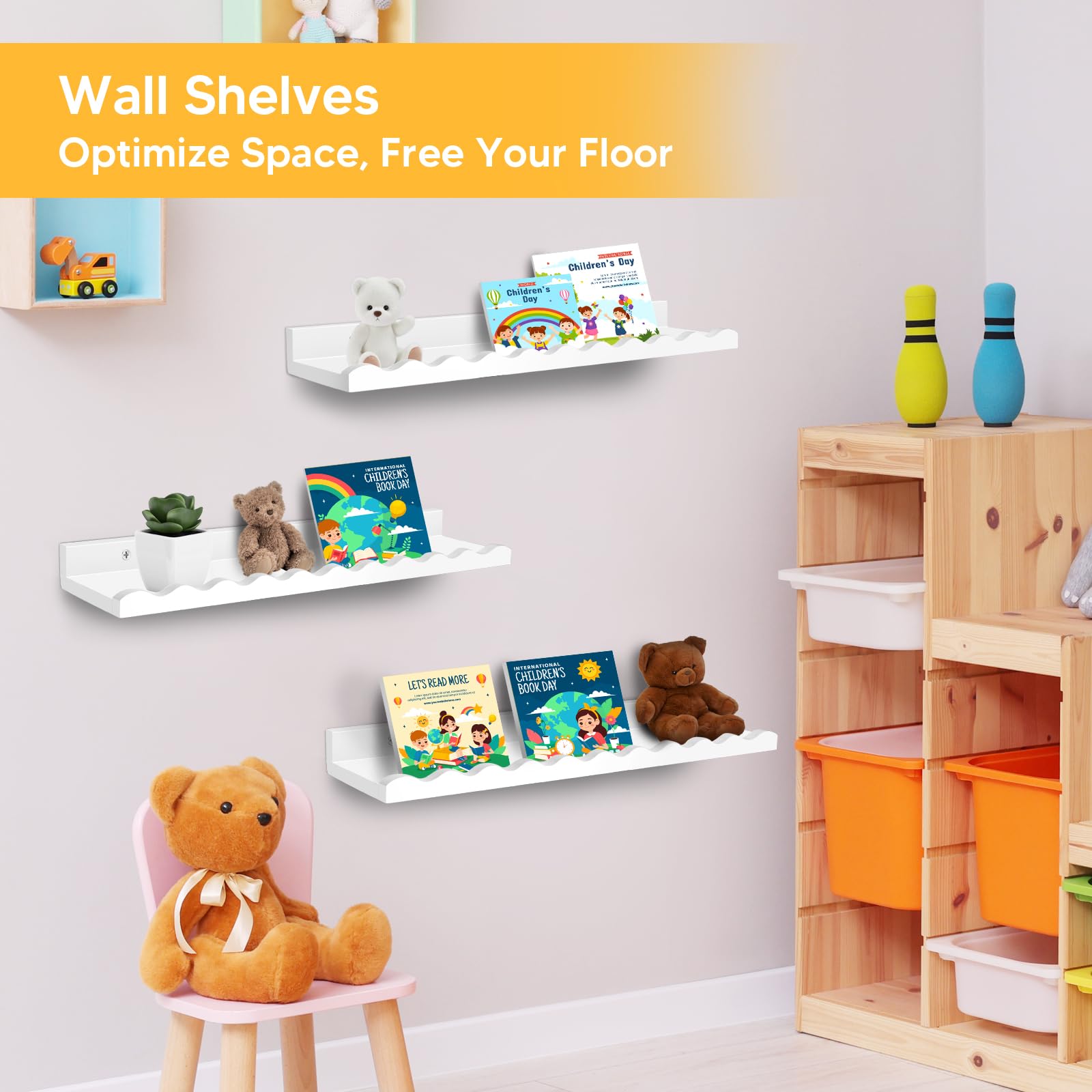 KEDEMAS Nursery Book Shelves, Floating Book Shelves for Wall, Scalloped Shelves for Wall Decor and Storage Perfect for Books, Toys, Photo Frames, and Nursery Décor (White)