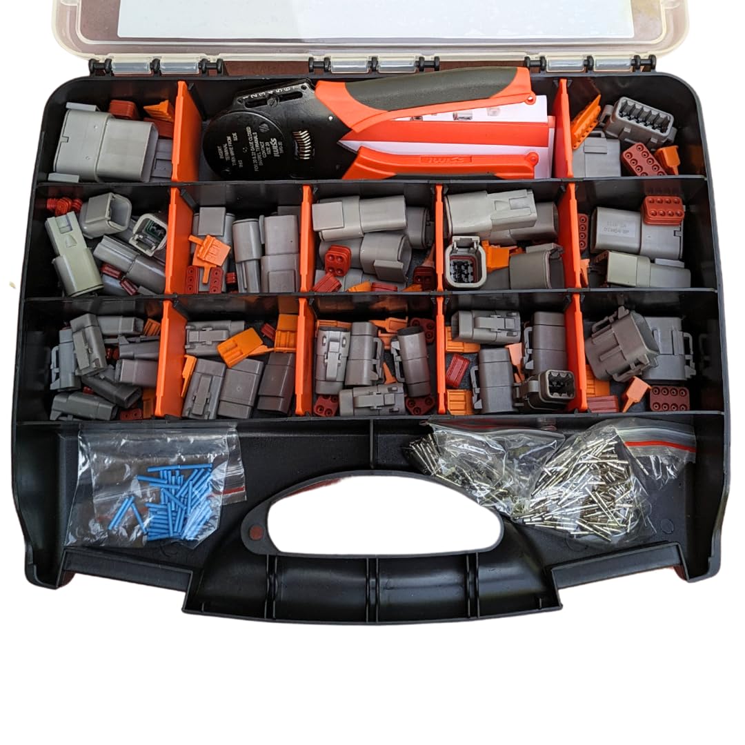 47pcs Deutsch DTM Connector Assortment Box & Terminal Crimp Tool, 12, 8, 6, 4, 3 & 2 Pin Electrical Plug Set