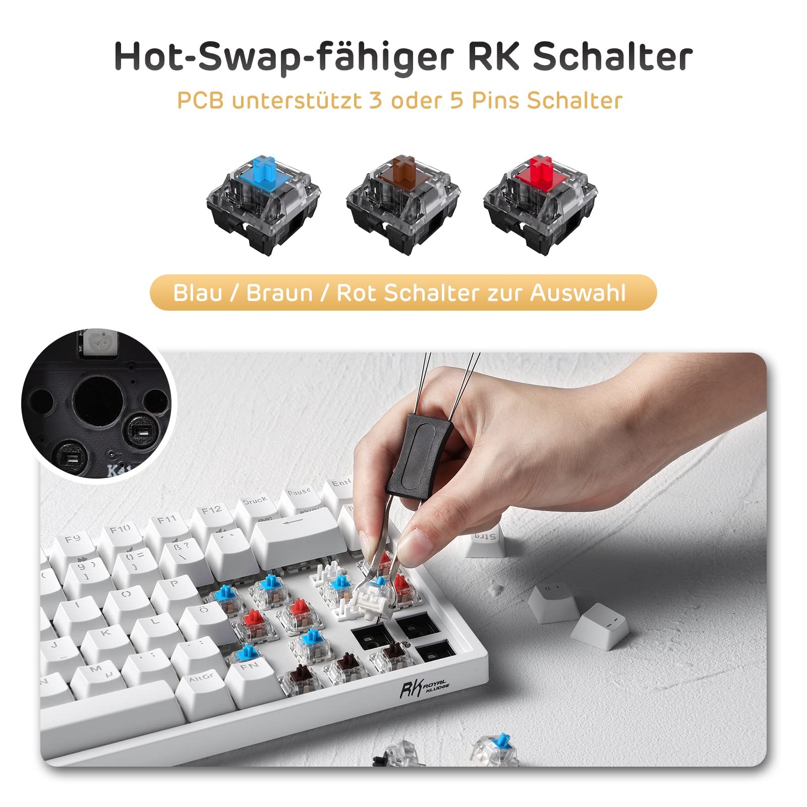 RK ROYAL KLUDGE RK84DE Limited Ed RGB mechanische Tastatur, QWERTZ | 75% Dreifachmodus BT5.0/2.4G/USB-C Hot Swap TKL Mechanische Tastatur, 84 Tasten Drahtlose Gaming-Tastatur, Custom Schalter