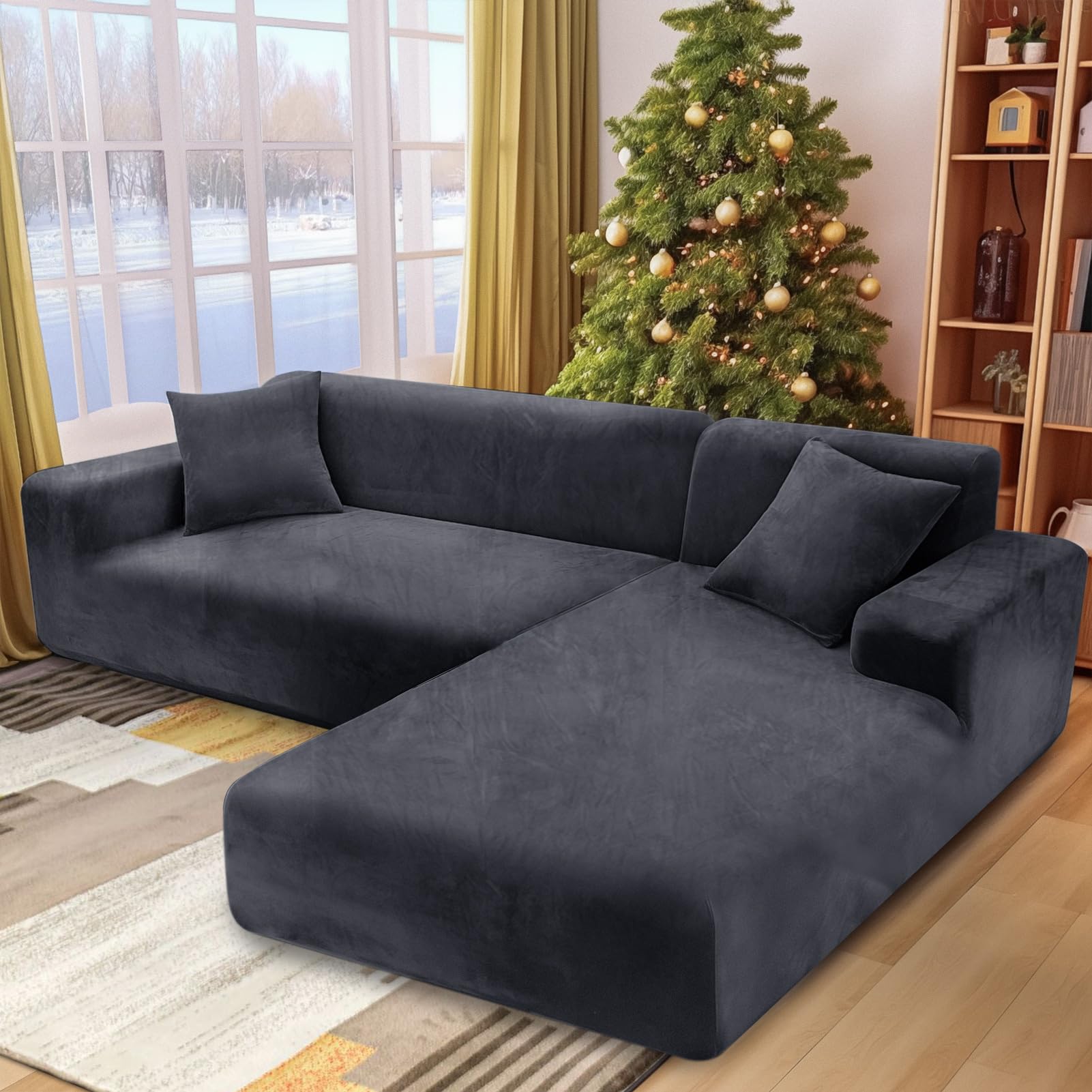 Housse de canapé en velours épais avec une taie d'oreiller, housse de canapé élastique super douce, de couleur grise, pour canapé de 1, 2, 3, 4 places (canapé d'angle en forme de L