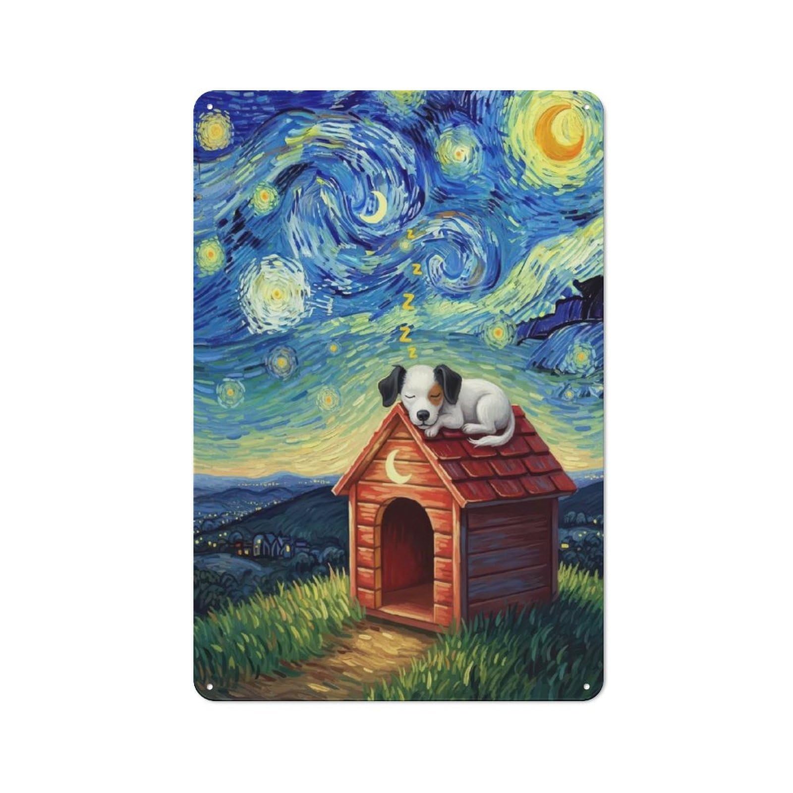 Junmoney Style-21 Workshop Style Dog Sleeping On Doghouse, Starry Night Decorative Metal Plaque 30X20cm, Workshop Wall Decor For Garage, Hobby Room, Office Or Man Cave