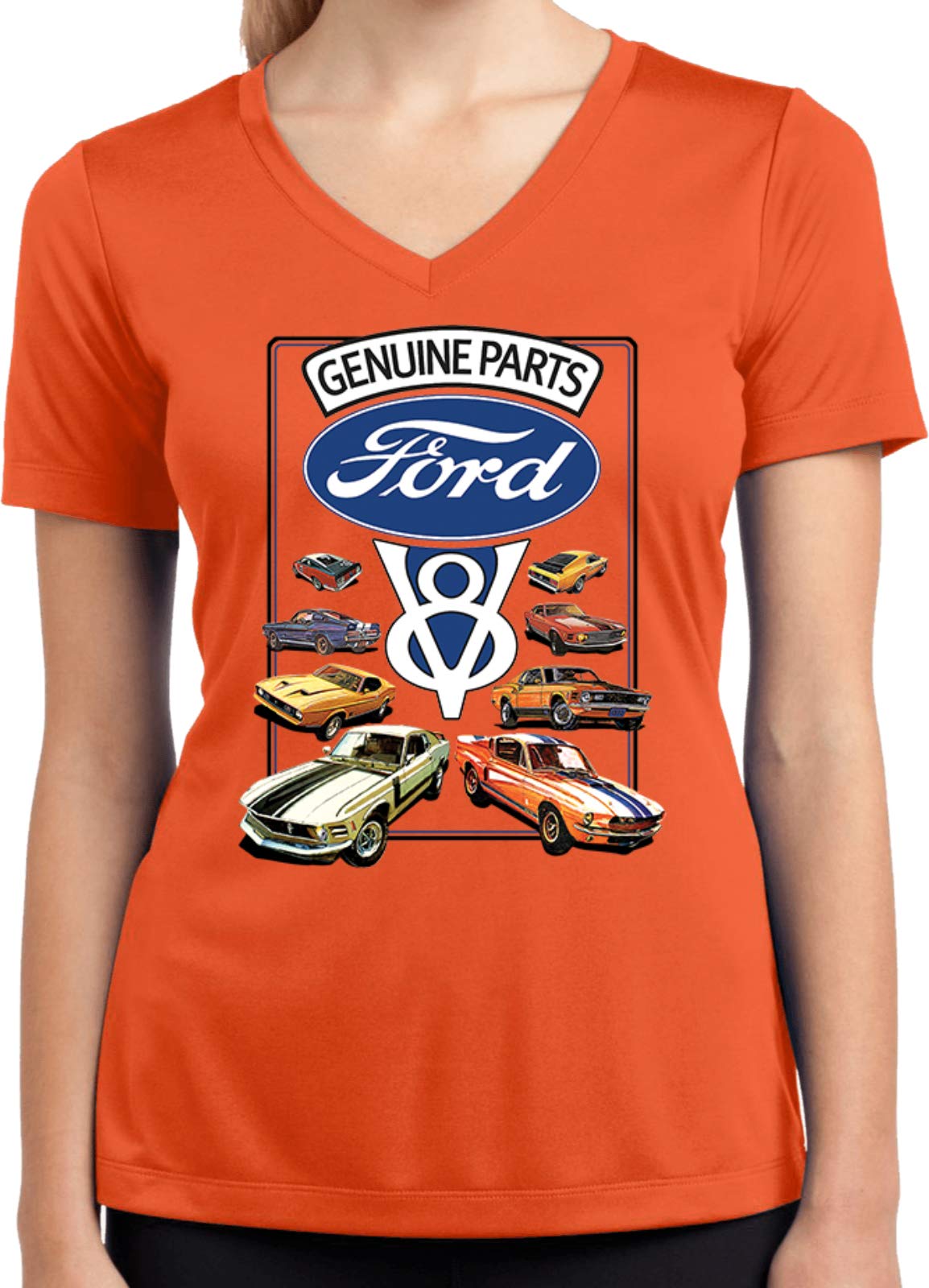 Ford Mustang V8 Collection Ladies Dry Wicking V-Neck, Deep Orange MD Medium