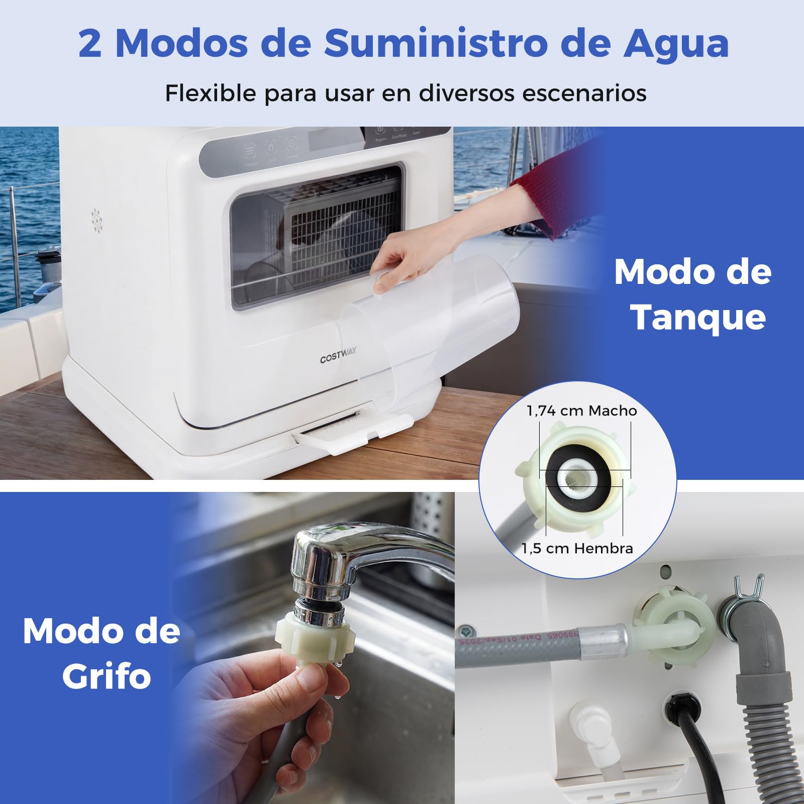 COSTWAY Lavavajillas Pequeño 45cm, 6 Programas, Mini Lavavajillas Compacto sobremesa de 3 Cubiertos, Depósito de Agua 8,25 L, Secado por Aire y Brazos Rociadores Dobles de 360°