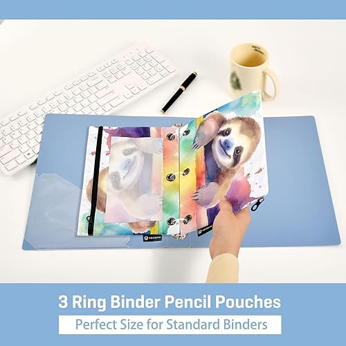 Miniatura 5 de Lindas bolsas de lápices con diseño de perezoso de acuarela, paquete de 2 estuches con cremallera para carpetas de 3 anillos con ventana de PVC