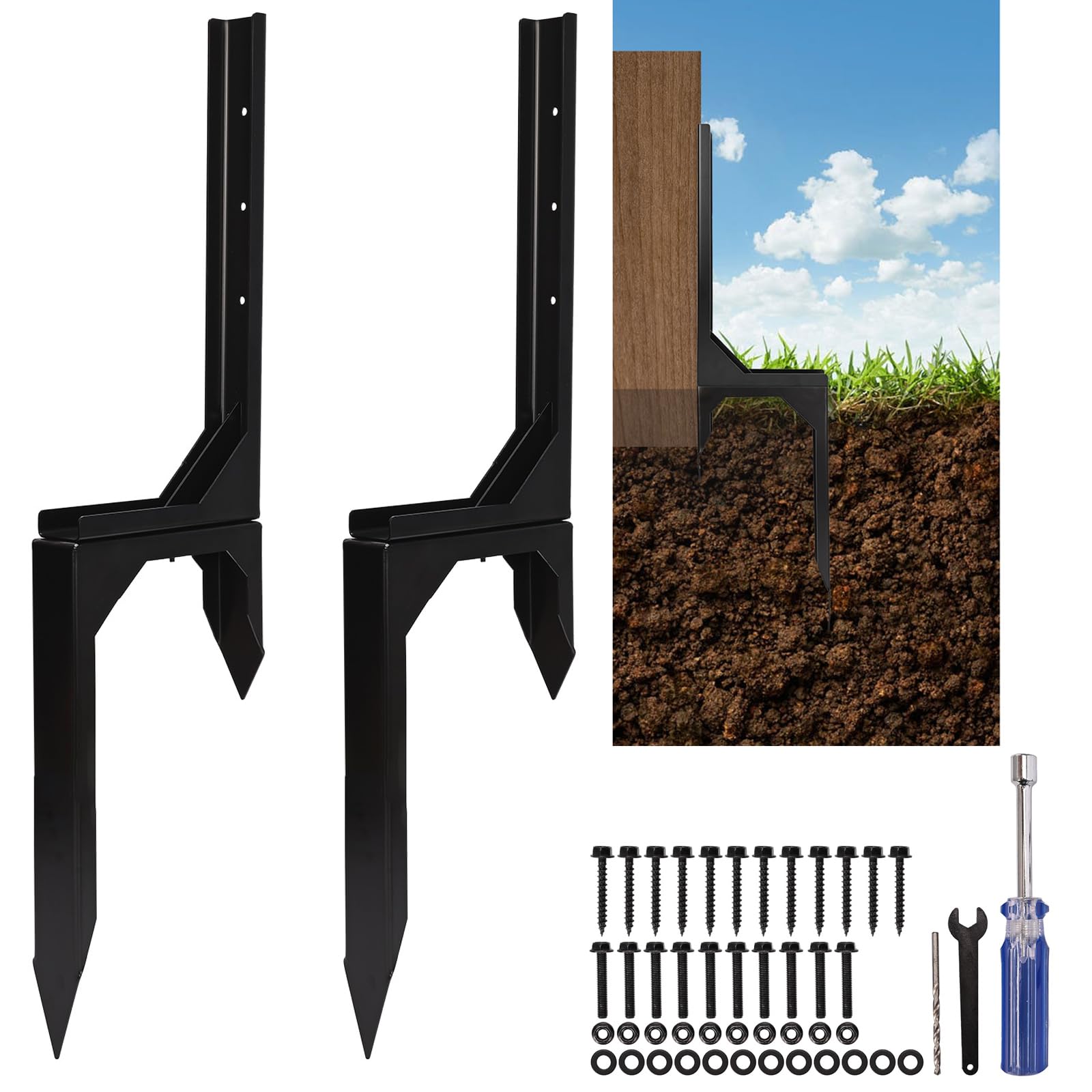 Nisorpa Paquete de 2 estacas de reparación de postes de valla, resistentes, soporte ajustable para postes de valla de jardín, estacas de metal para postes de madera inclinados/rotos, buzón