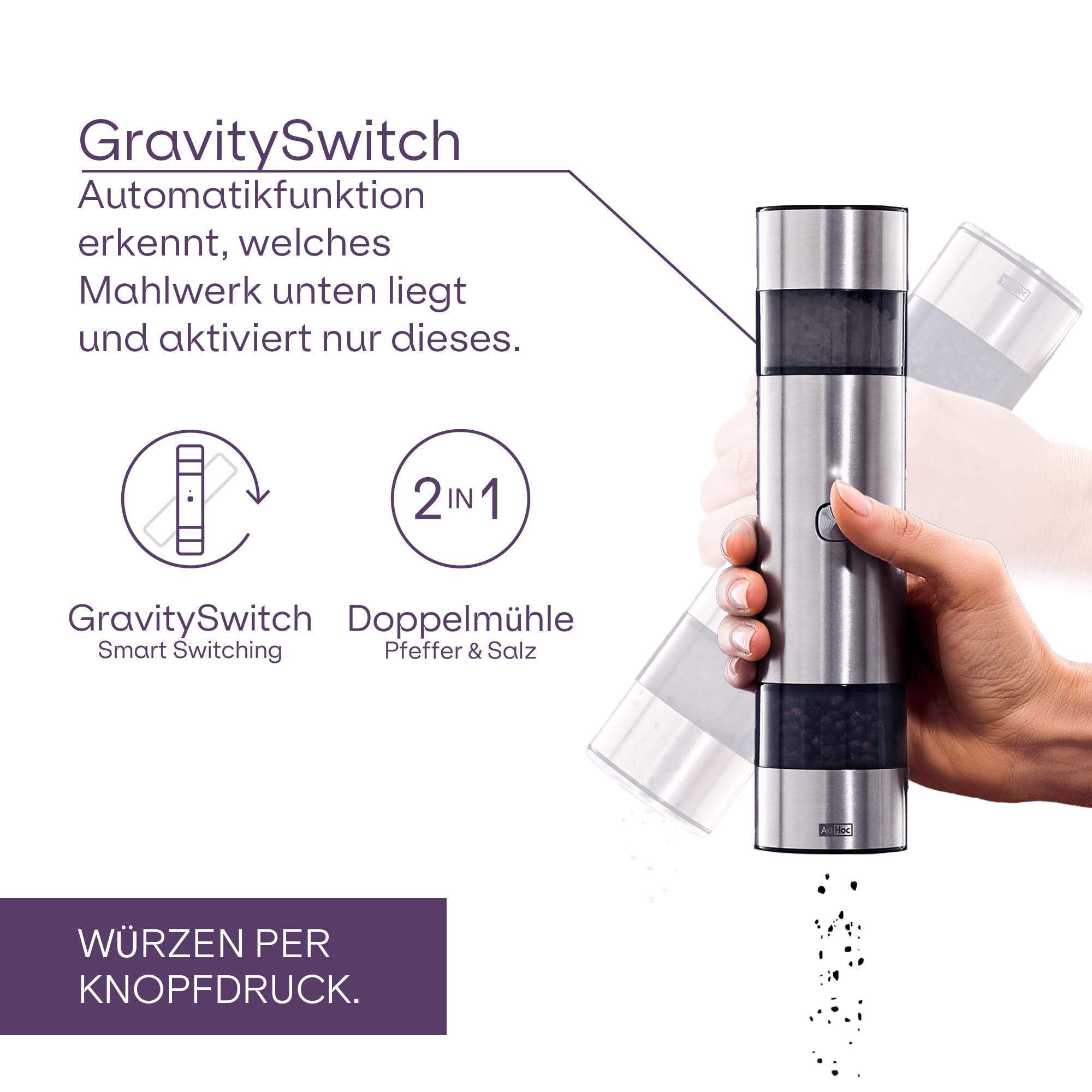 AdHoc i.Mill Duo Elektrische Salz- & Pfeffermühle, Doppelmühle | Mit GravitySwitch, USB-C, Keramikmahlwerk stufenlos einstellbar fein bis grob, leise und einhändig bedienbar