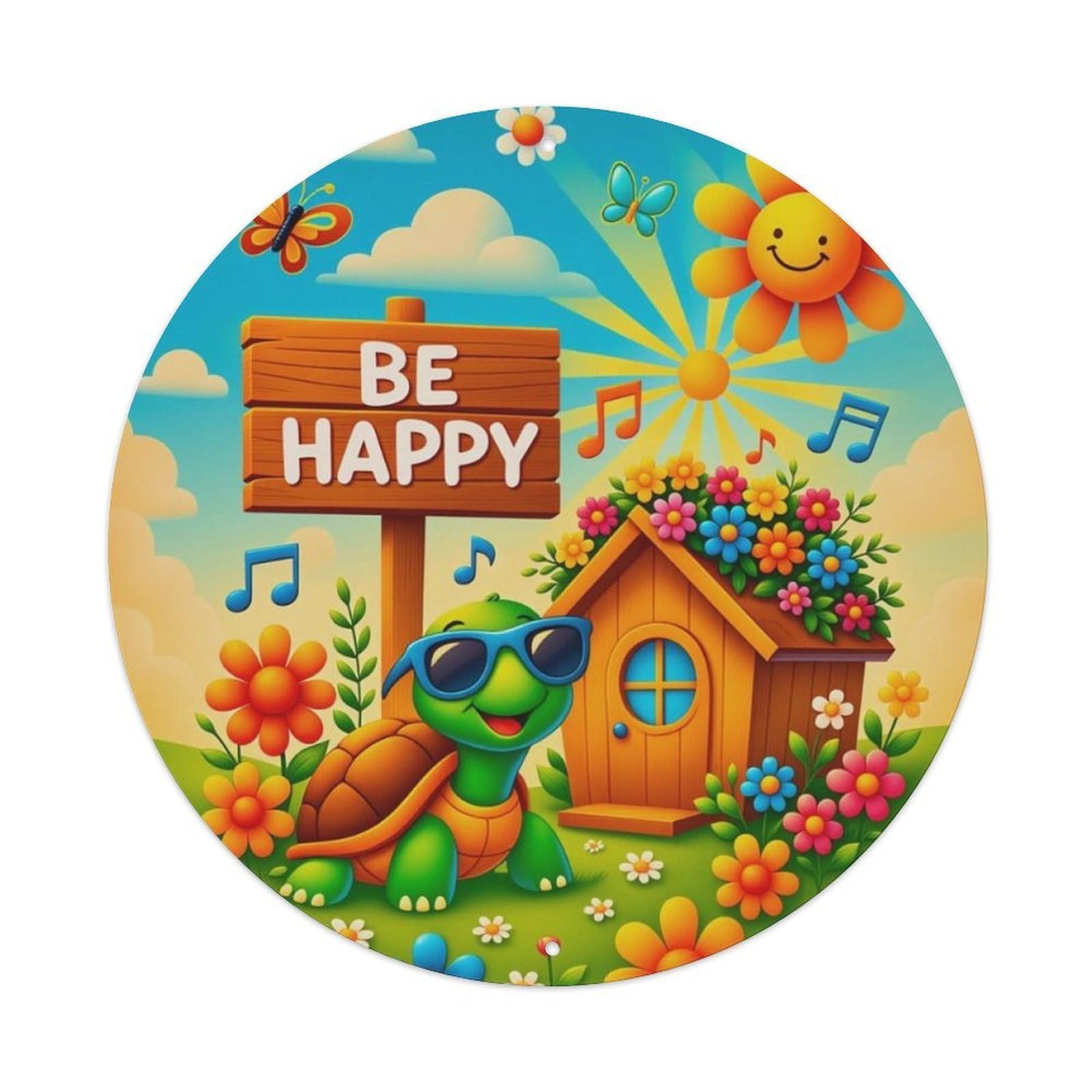 Cartoon Be Happy Turtle Garden Landscape Round Wall Decor Sign Vintage Aluminium Metal Sign, Retro Wall Decor for Home, Bar, Garage & Farmhouse 20x20cm