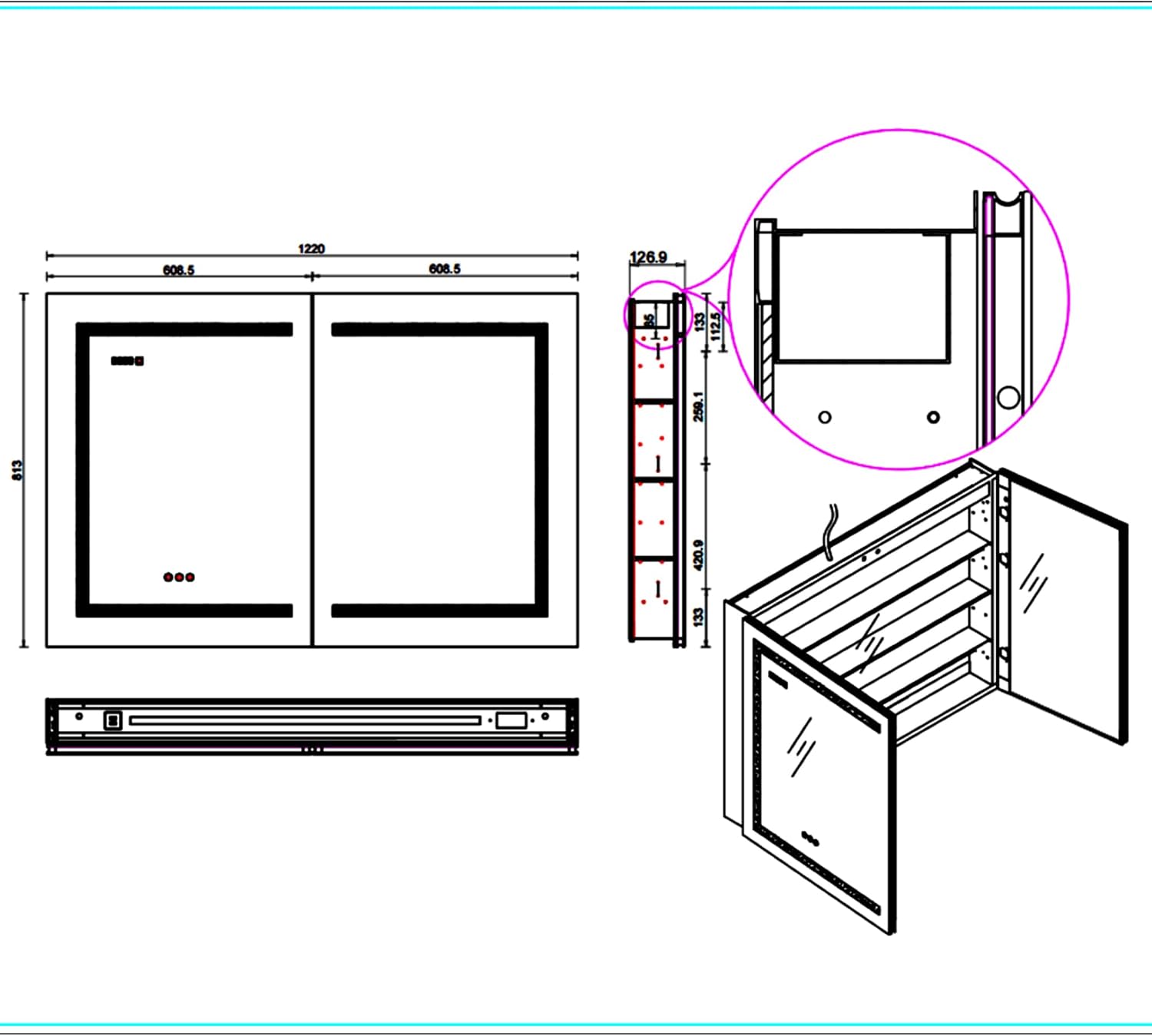 Medicine Cabinets with Lights, 48” x 32” Wall Mounted LED Medicine Cabinet Mirror with Defogger, Dimmer, Outlets & USB, Two Doors,White Aluminum Frame