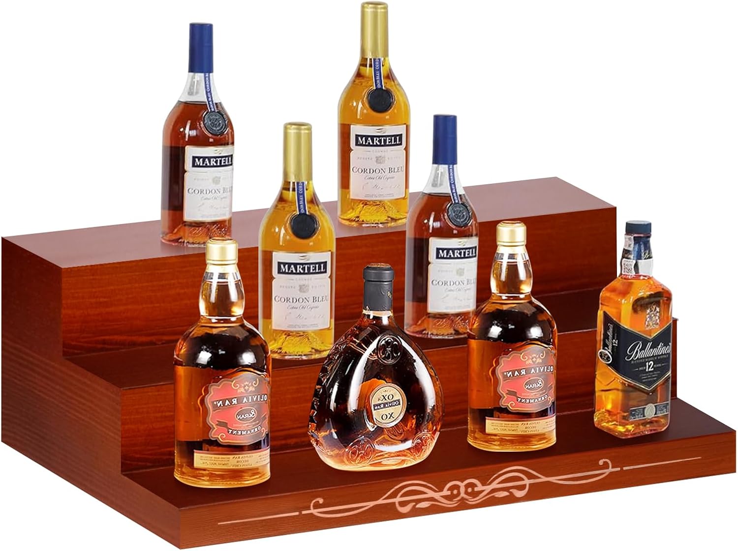 Liquor Bar Bottle Display Shelf, 3 Tier Solid Wood Liquor Bottle Stand, Bar Liquor Shelves for Home, Bar, Kitchen Pattern A