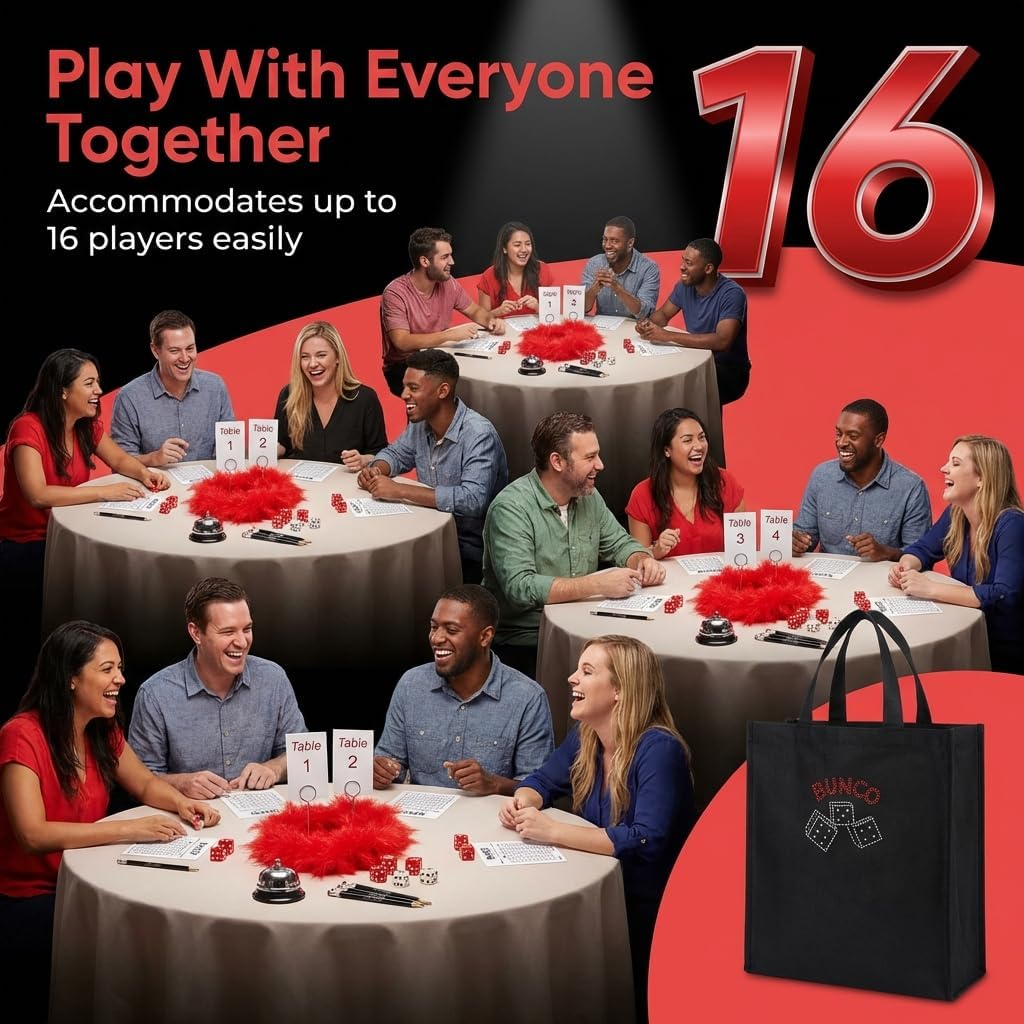 Bunco Game Kit for 16 Players with Black Rhinestone Tote – Complete Bunco Set with Dice, Table Number Stands, Bell, Score Sheets, Pencils & Red Feather Boa – Premium Bunco Party Kit