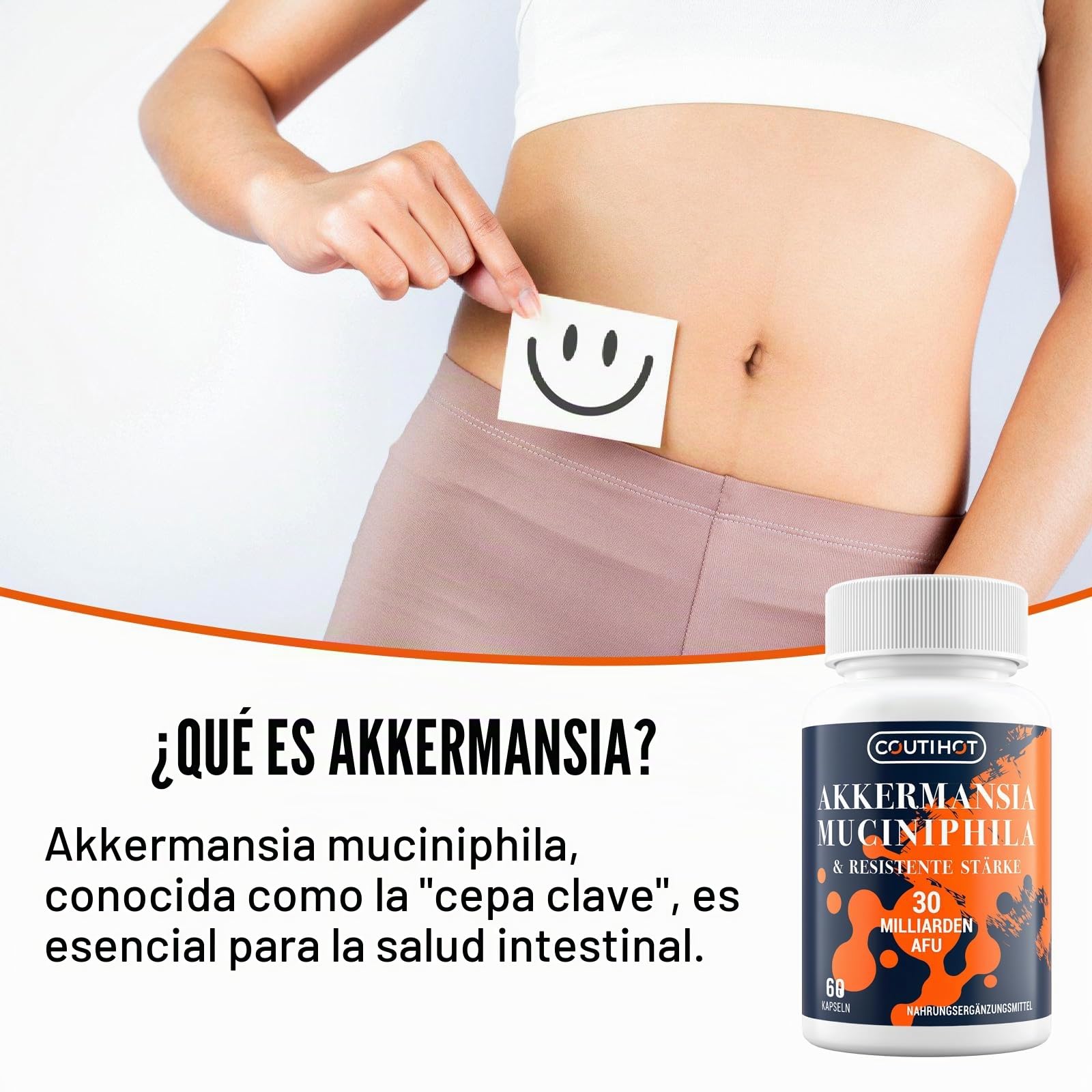Akkermansia Muciniphila 30 Billones AFU | Con Almidón Resistente | Sin OGM y Sin Gluten para Mujeres y Hombres | 240 Cápsulas