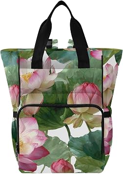OTVEE Pink Lotus Flowers and Leaves Diaper Bags Backpack for Mom Dad, Multi-functional Diaper Nappy Bag Travel Back Pack,Waterproof Maternity Changing Bag Baby Stuff