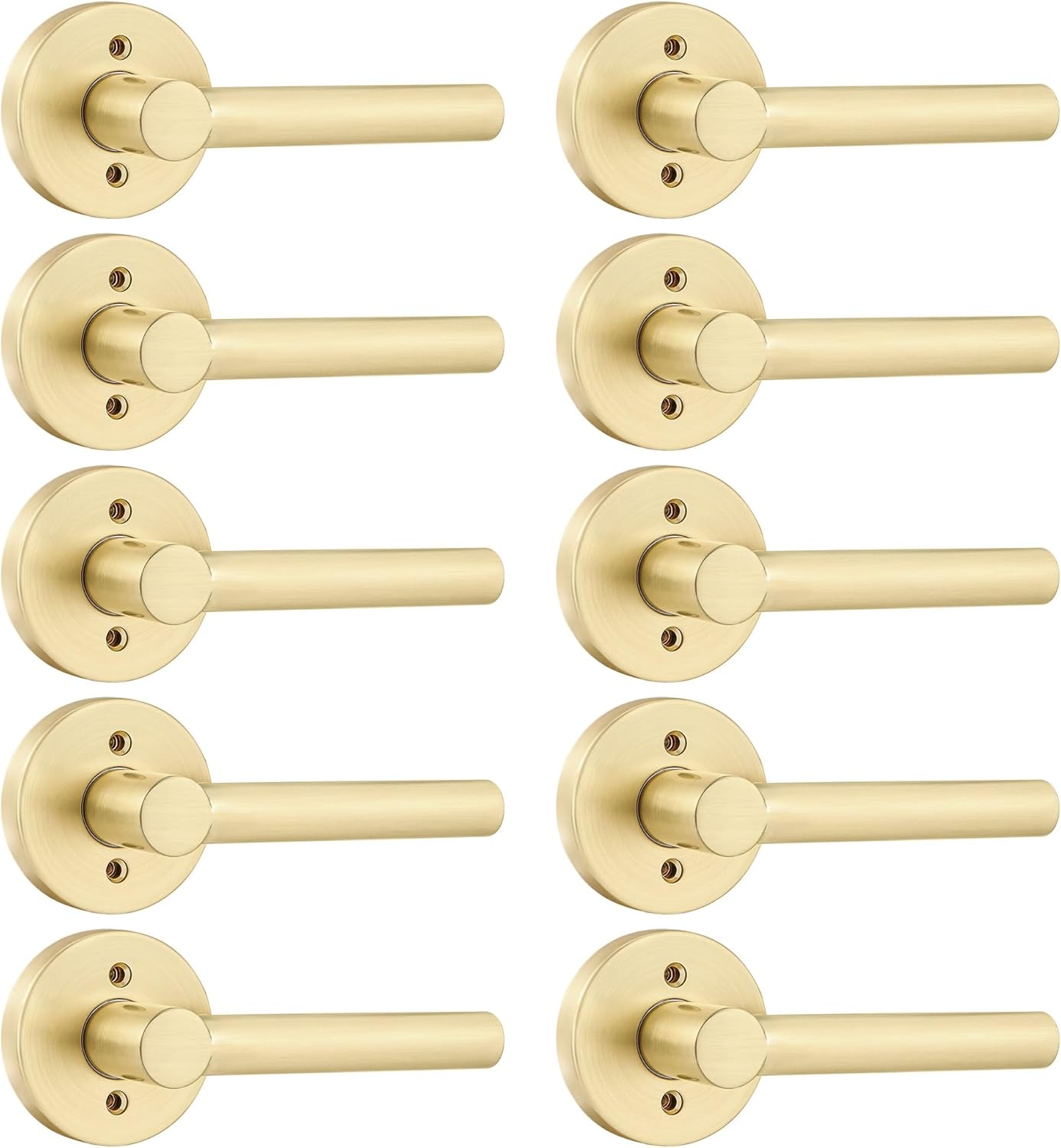 Leydebong 10 Pack Satin Brass Dummy Door Handles, Non-Turning Interior Door Levers, Heavy Duty Reversible Indoor Handles for Closet Pantry