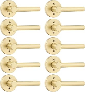 Leydebong 10 Pack Satin Brass Dummy Door Handles, Non-Turning Interior Door Levers, Heavy Duty Reversible Indoor Handles for Closet Pantry