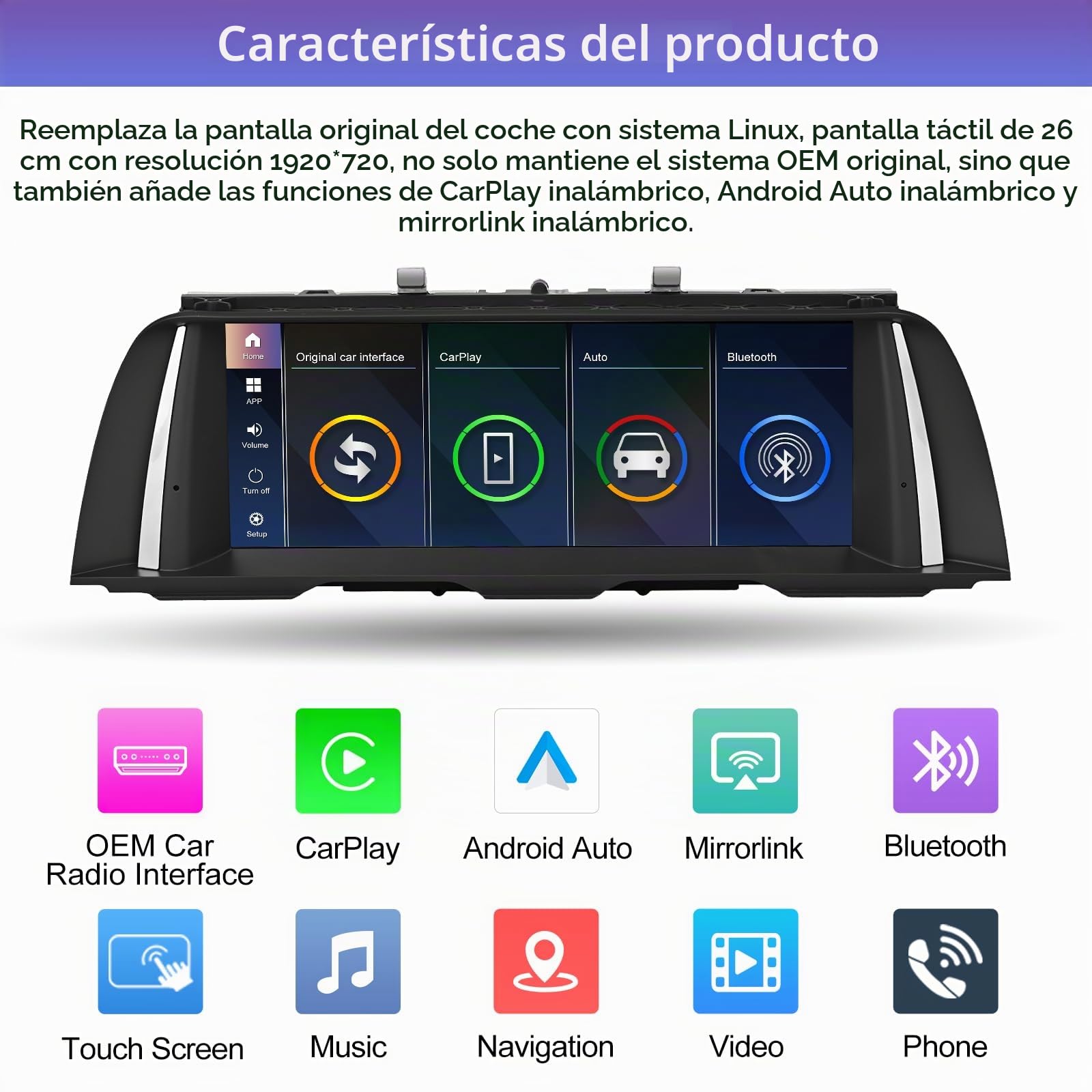 Road Top 10,25" Radio Coche CarPlay para BMW Serie 5 F10/F11 con CIC | 2010-2011, Radio de Coche, Pantalla HD Linux, CarPlay Inalámbrico, Android Auto, MirrorLink