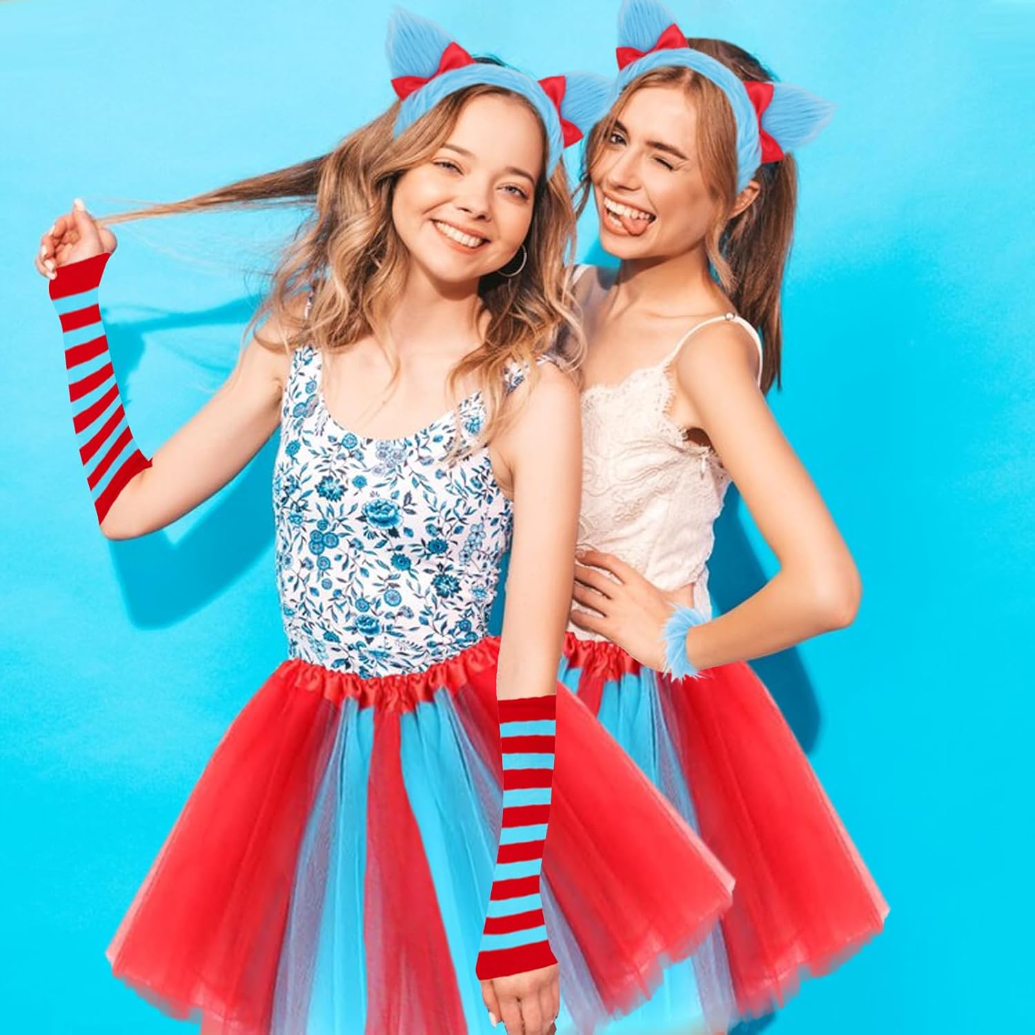 6 PCS Kids World Book Day Thing Costume - Include Red Blue Tutu Skirt Blue Fuzzy Headband Bowtie Fuzzy Bracelet and Striped Gloves Knee Socks for 100th Day of School Costume - Image 6