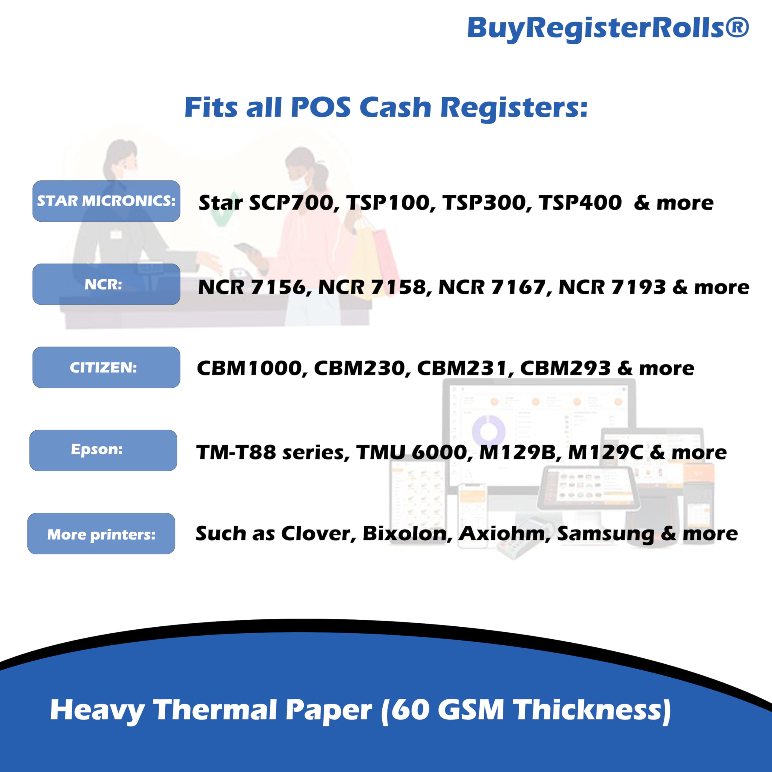 Rollos de papel térmico de 80 g/m² extra grandes (24 rollos) de 3 1/8 x 230 pulgadas (longitud térmica pesada de 200 a 230 pies) se adapta a todas las impresoras de caja registradora Clover POS de