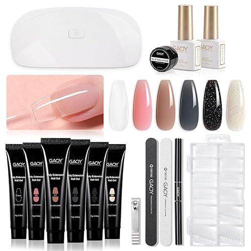 GAOY Kit de uñas de poligel con kit de iniciación de luz UV, 6 colores nude, rosa, negro, extensión de gel constructor para principiantes con todo