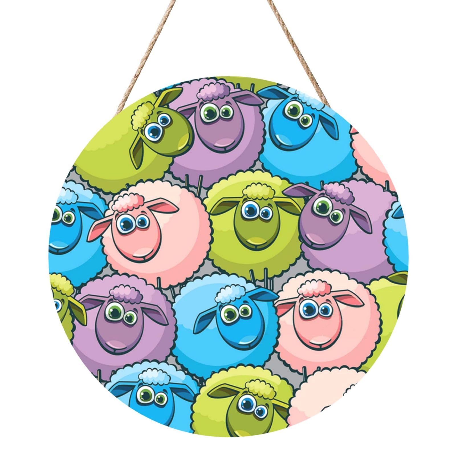 InOmak Cartoon Funny Sheep, Round Wood Panel Painting 12 in, Wall Hanging Painting For Home