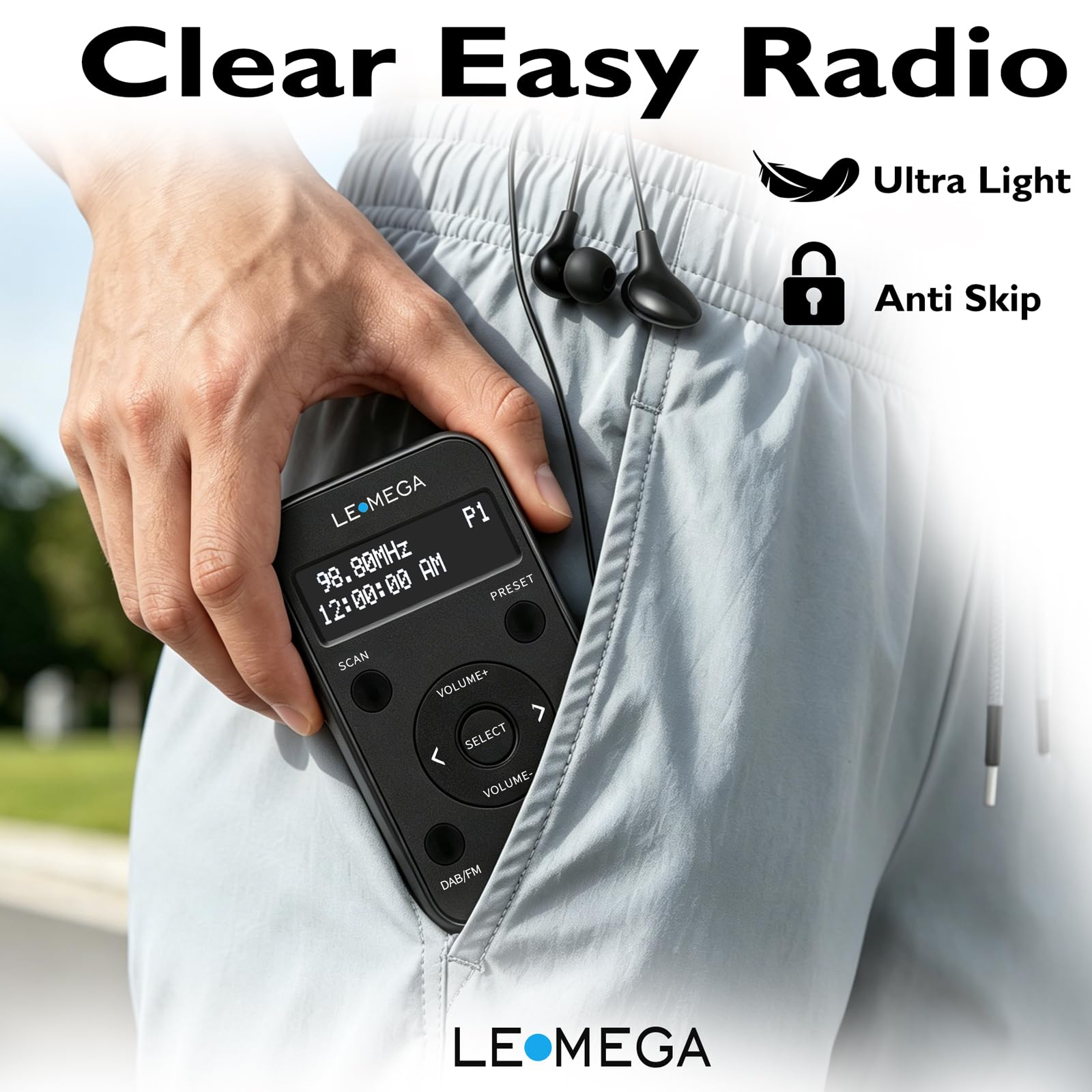 PR1L Radio DAB Tascabile,Radio FM,Radio DAB+ Portatile,Cuffie Incluse,Batteria Ricaricabile,40 Preselezioni, Radio DAB Sportiva con Interruttore Bloccabile.Nero