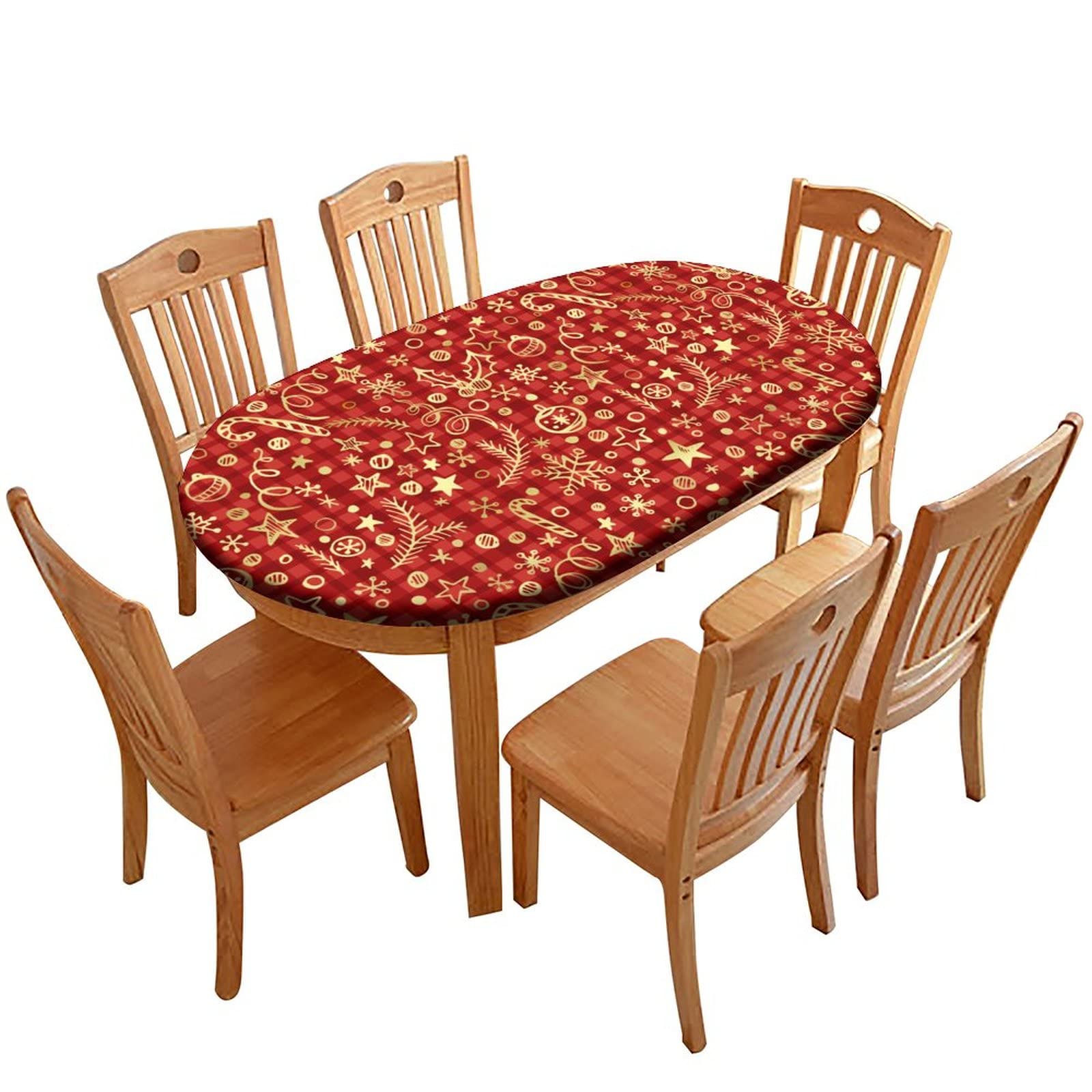 Atury Christmas Holly Fitted Oval Tablecloth 48x68 Inches - Elastic Edge, Windproof, Wrinkle-Resistant Polyester Cover For Indoor & Outdoor Dining