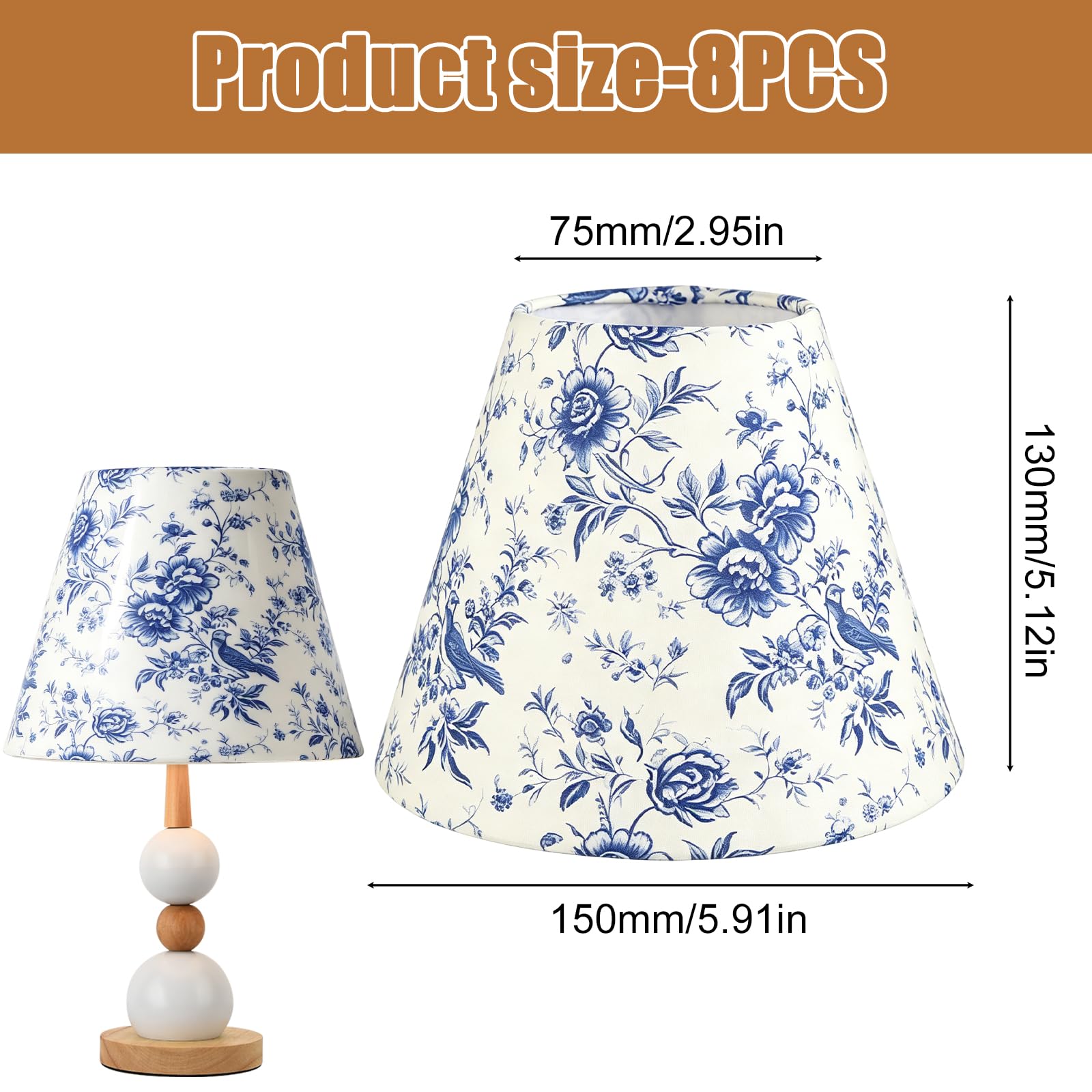 Set di 8 paralumi a clip, in tessuto blu/bianco, 15 x 13 x 7,5 cm, design floreale, moderno, stile semplice, per lampade a candela, lampadari, lampade da tavolo, lampada da parete, soggiorno, camera