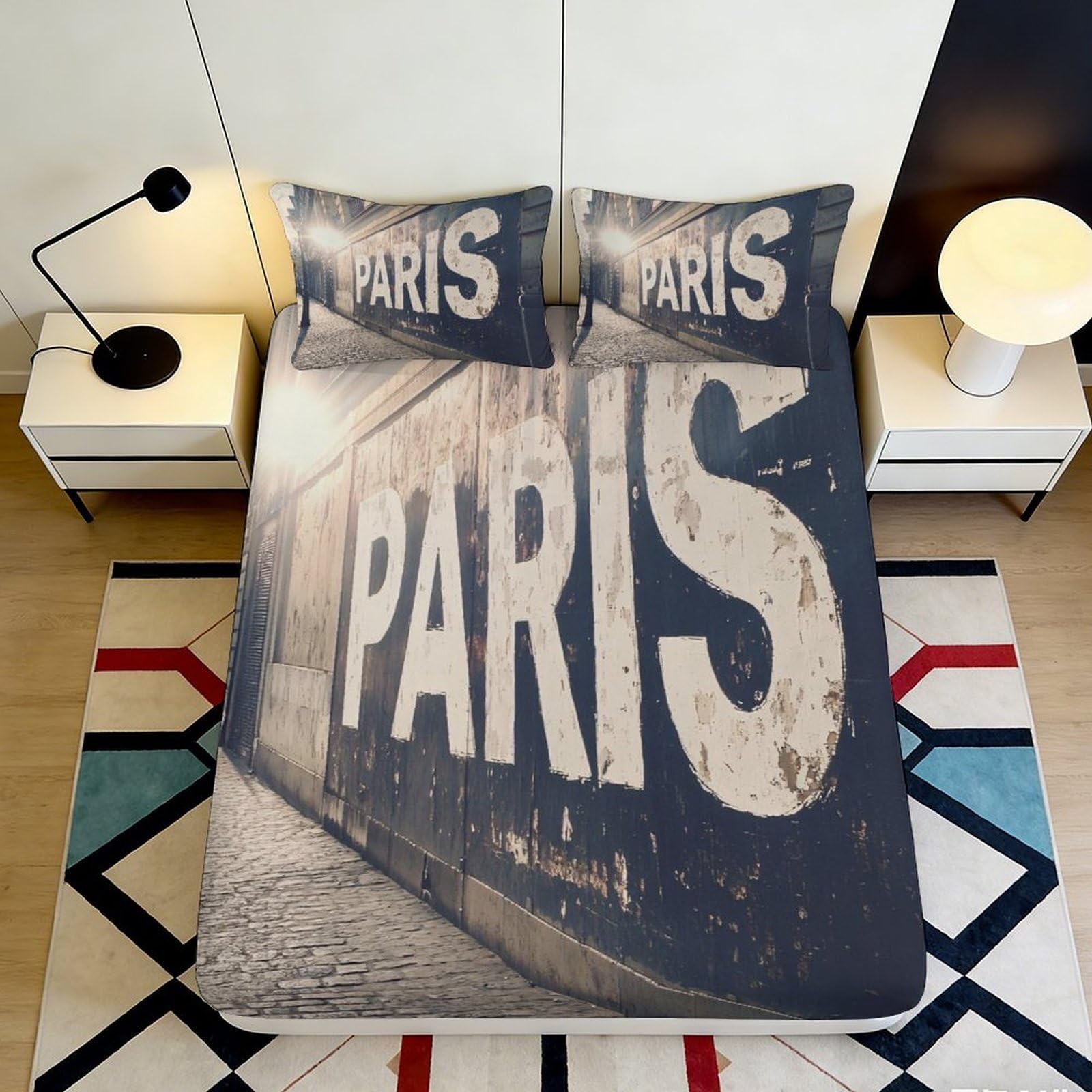 Pnayamiorkfel Style-8 3D Printed Paris Street Art Fitted Sheet Microfiber Urban Graffiti Bed Cover For Bedroom Guest Room Modern Decor 90X200x25cm
