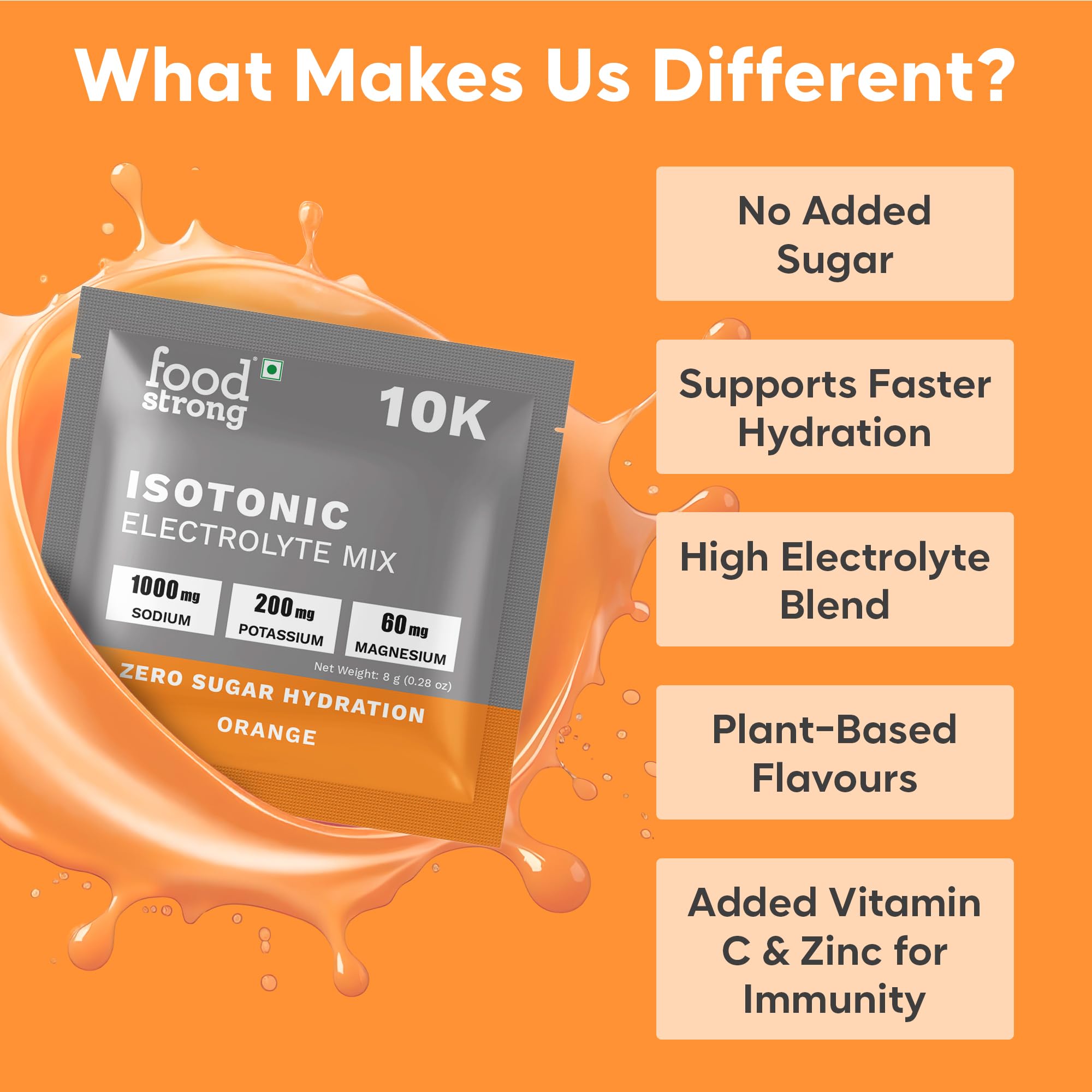 Foodstrong 10K Isotonic Electrolyte Mix – Zero Sugar Hydration | 1000mg Sodium, 200mg Potassium, 60mg Magnesium | Electrolyte Drink Mix – Orange Flavour – 8g Sachet, Pack of 12 - Image 5 thumbnail