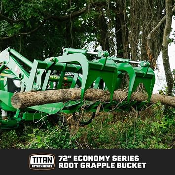 Titan Attachments 72 Economy Series Root Grapple Bucket Attachment, Hook and Pin Connection, Twin 3,000 PSI Cylinders with Cylinder Guard, Back Stoppers, 3/8 Thick Steel Frame