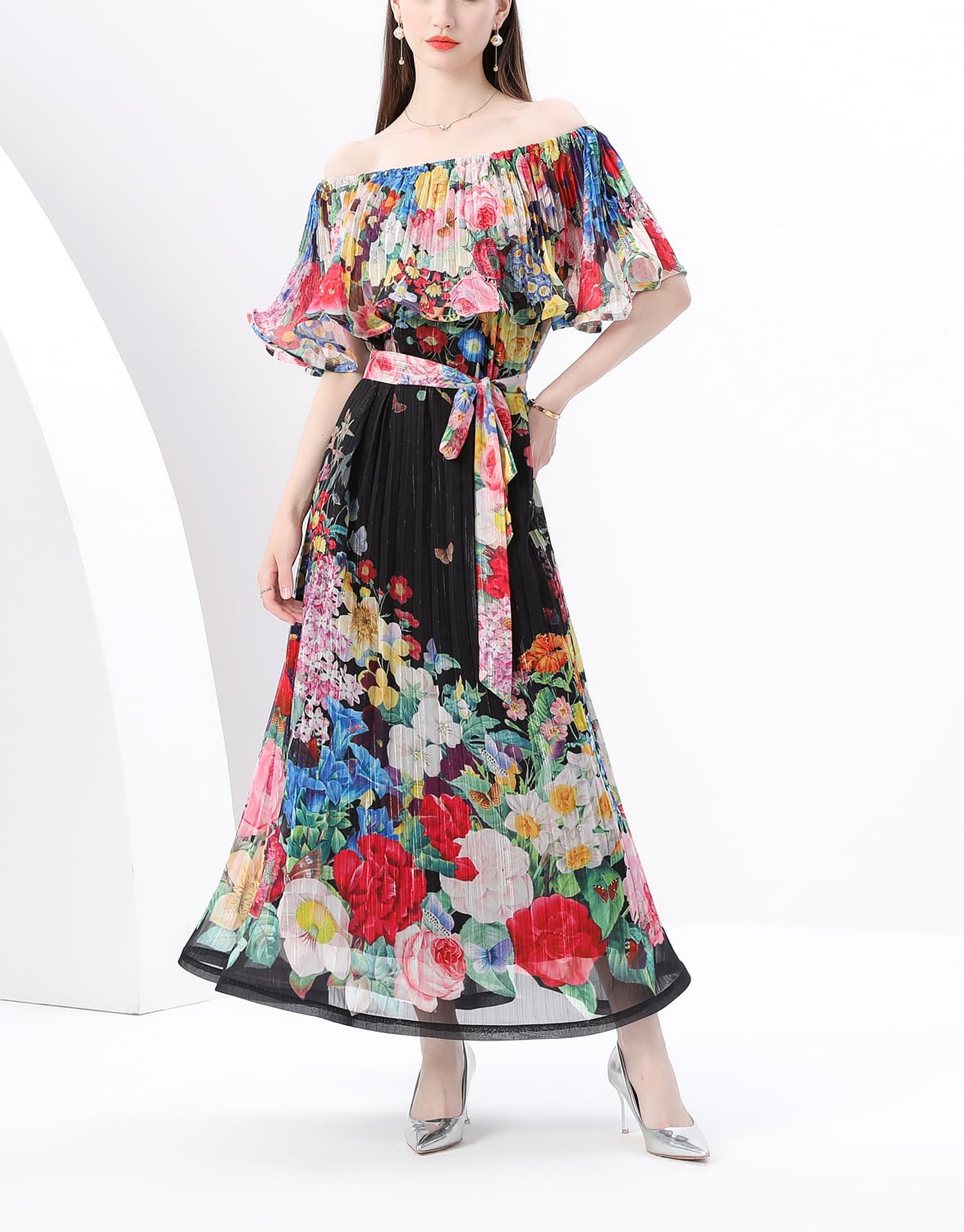 Elegante vestido largo con hombros descubiertos y estampado floral para mujer, para verano, casual, playa, vestido largo