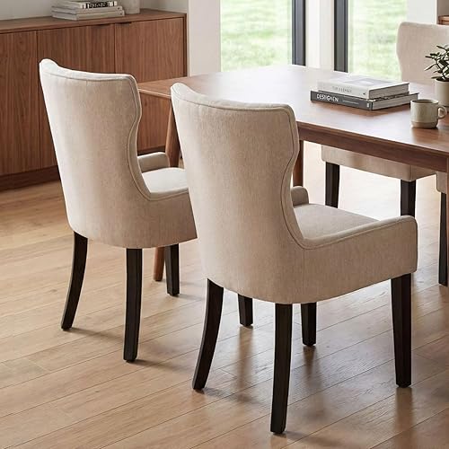 Miniatura 3 de Juego de 4 sillas de comedor de madera, sillas de comedor tapizadas con respaldo de ala y patas de madera de caucho, silla decorativa de madera