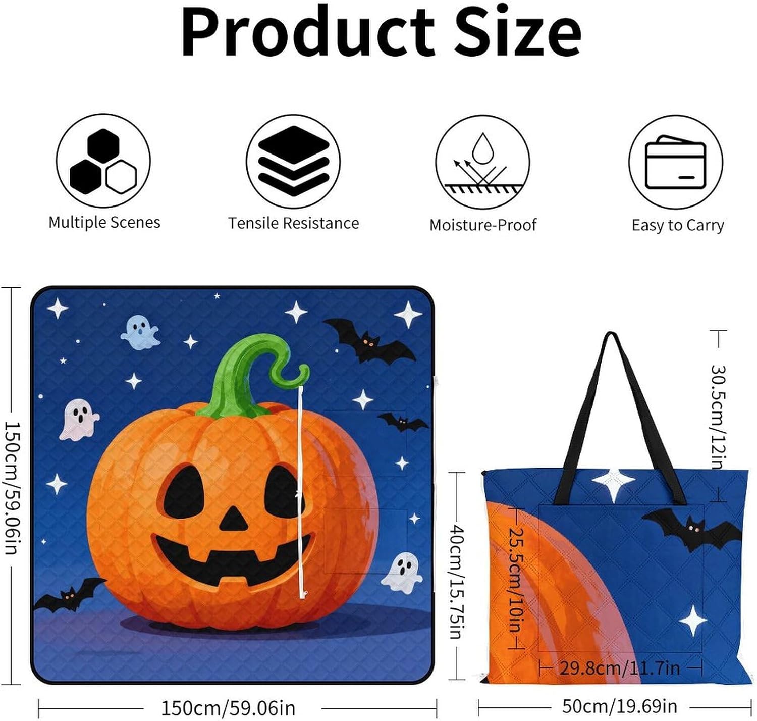 Halloween Jack Lantern Picnic Blanket with Zipper Water Resistant Sand Free Picnic Mat Washable Foldable Easy Carry Beach Blanket for Lawn Beach Hiking Camping