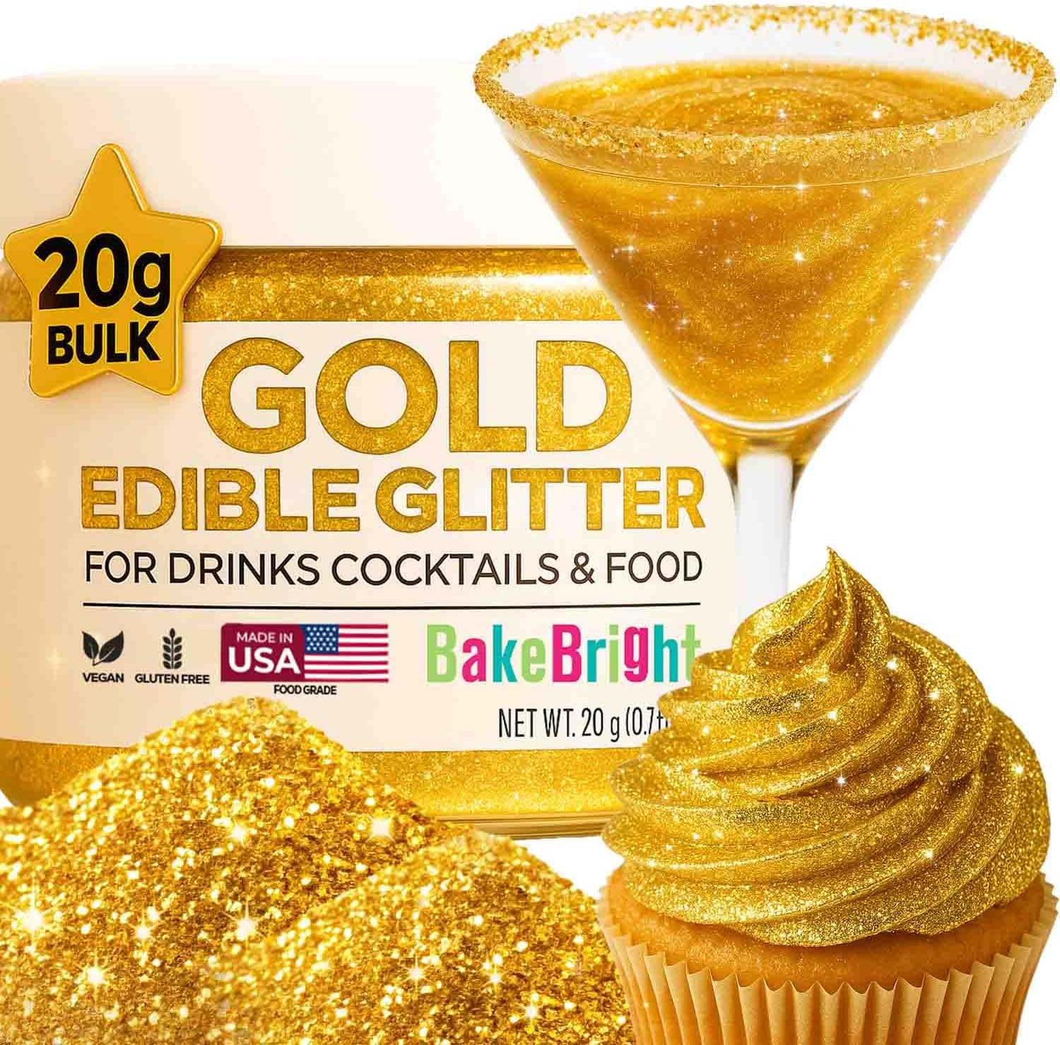 Gold Edible Glitter for Drinks 20g - Gold Edible Glitter for Cakes Cocktails Cake Decoration Sprinkles - Gold Luster Dust for Cocktail & Cake Topper Chocolate Baking Decorating Fondant Cookies - Drink Shimmer Spray Flakes - Food Grade Vegan, Kosher, Halal, Gluten Free - Made in USA