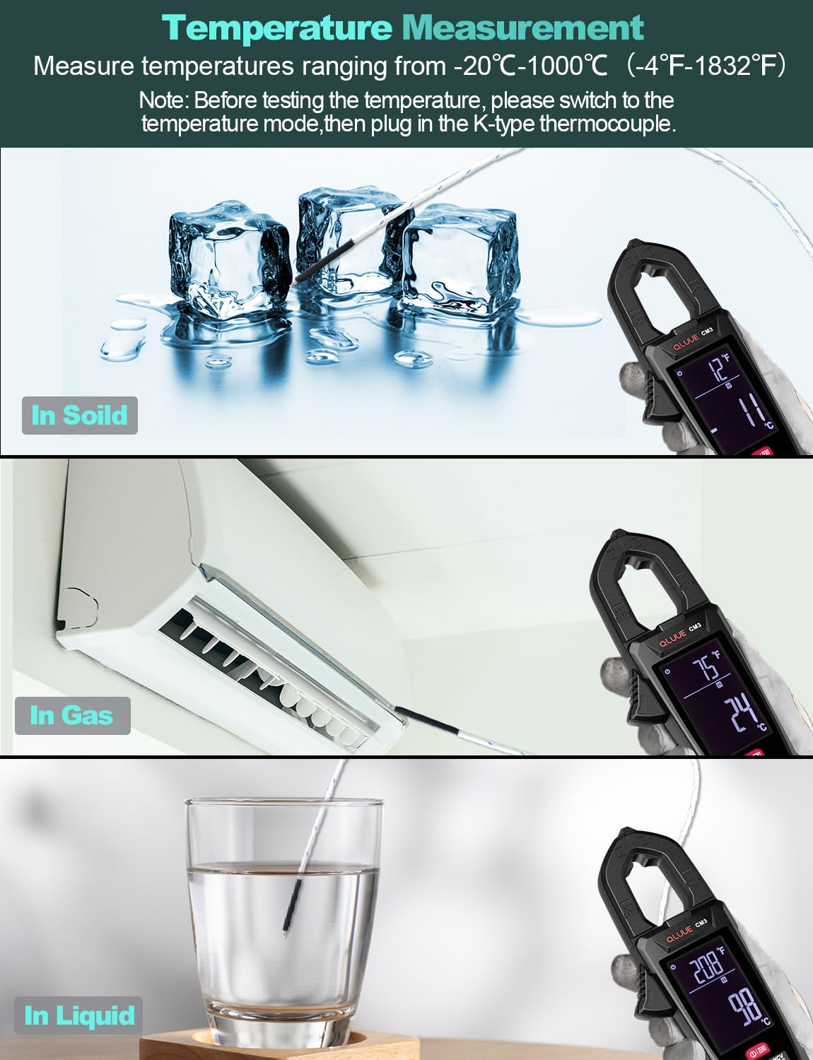 Clamp Medidor de tensión, multímetro CA/CC, prueba de voltaje con comprobador automático NCV, medición de corriente, temperatura, capacidad, resistencia, continuidad