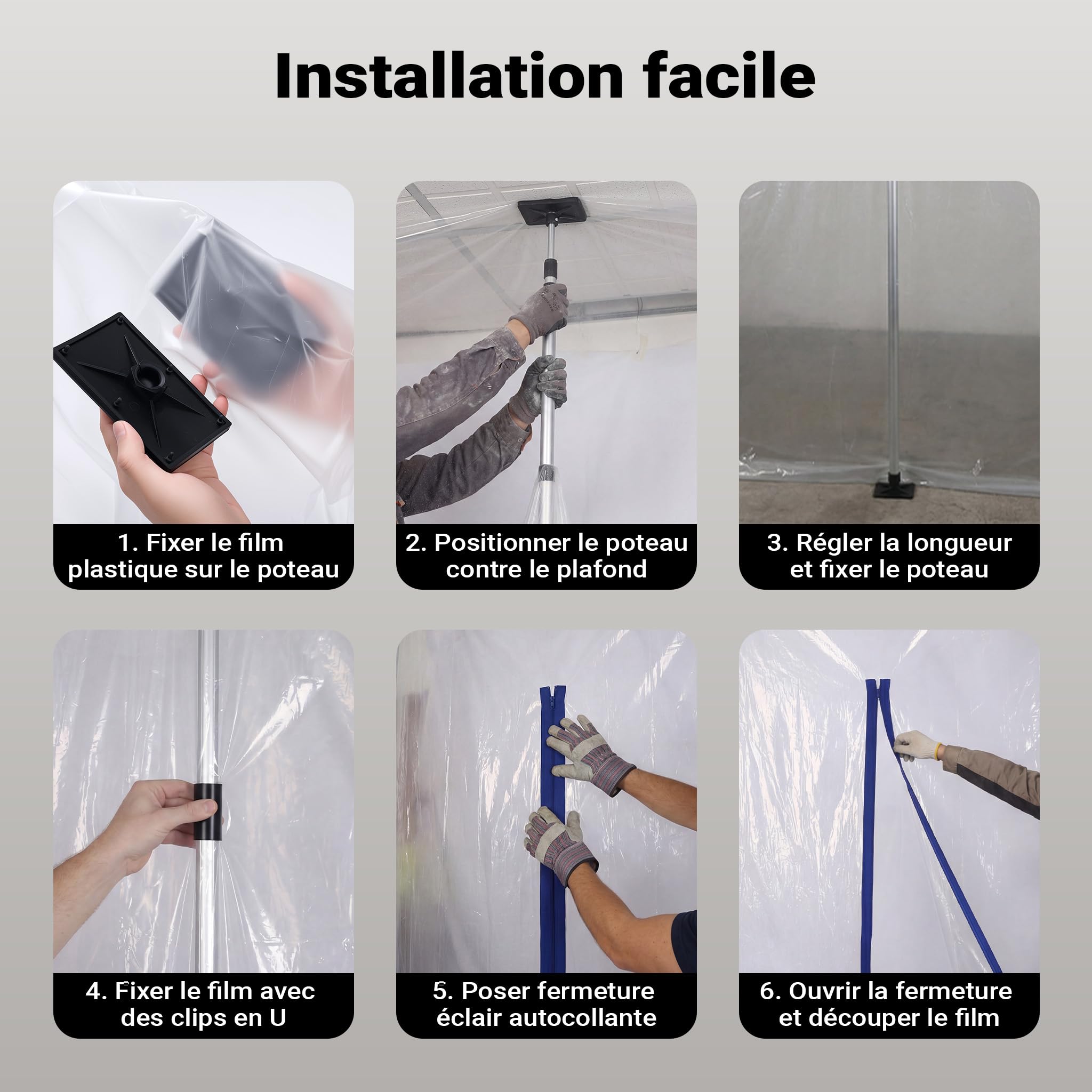 XPOtool Kit Bache de Protection Anti-poussière 4x10m Perche télescopique réglable en Hauteur 1,5-3,9m Chantier Kit Rénovation Fermeture Éclair Paroi de séparation Meubles